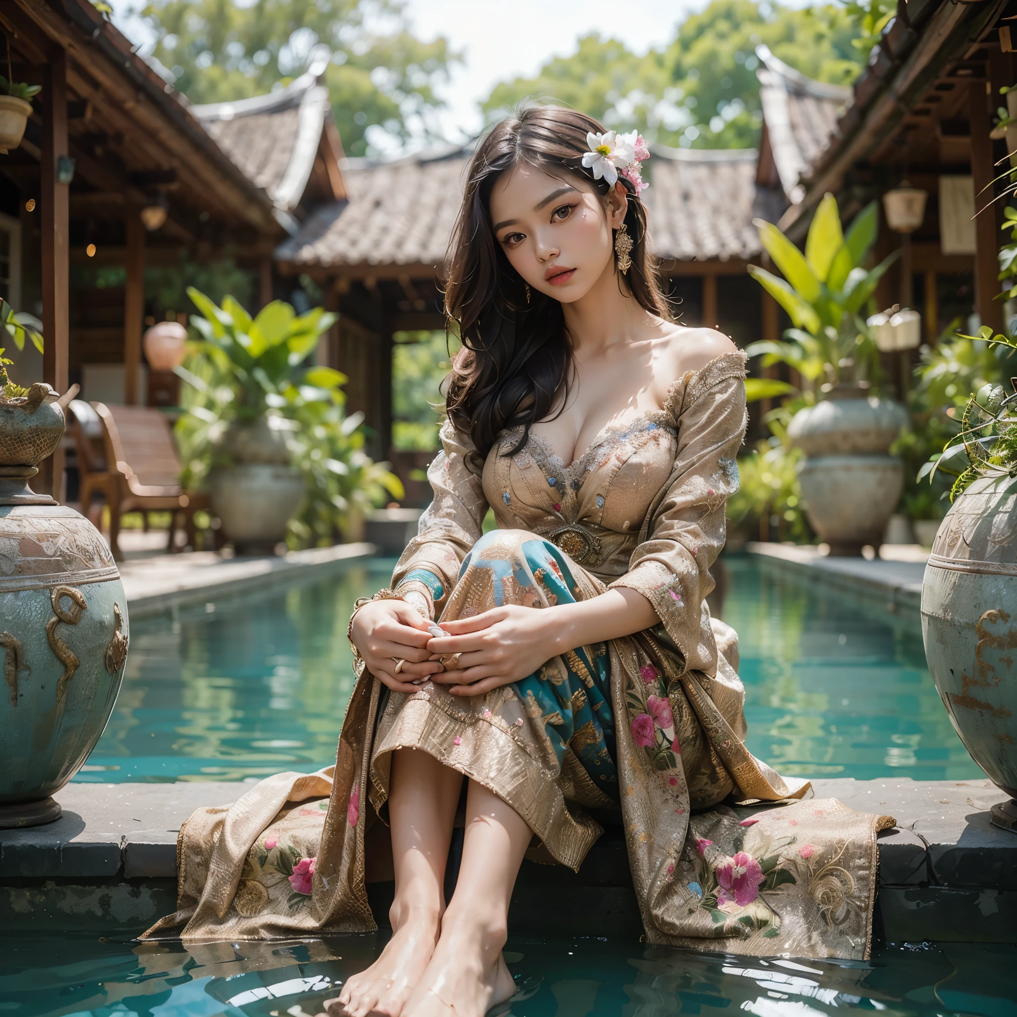 arafed woman with large round breast, sitting on a mat in a pool with a statue in the background, wear transparent kebaya, transparant sleeves, traditional beauty, with beautiful exotic, traditional, cute woman, traditional art, beautiful woman, beautiful goddess, beautiful oriental woman, traditional dress, traditional clothes, gorgeous woman, beautiful asian girl, stunning elegant pose, beautiful model, wearing an ornate outfit, stunning woman, beautiful asian woman, masterpiece, best quality:1.2),(8k,highres,RAW photo,realistic,photo-realistic:1.3),(detailed skin texture,detailed cloth texture,beautiful detailed face:1.25),professional lighting,photon mapping,beautiful soft light,radiosity,physically-based rendering,model shoot style, model shoot style, (extremely detailed CG unity 8k wallpaper), full shot body photo of the most beautiful artwork in the world, complex 3d render ultra detailed, looking at viewer, 18 yo, wet hair, real human skin, vibrant details, hyperrealistic, beautiful, octane render, an extremely delicate and beautiful, extremely detailed ,CG ,unity ,wallpaper,Amazing, finely detail,official art,extreme detailed eyes, (perfect face), shiny skin, colorful, highest detailed, vibrant colors, ultra high res, (high contrast), intricate, lens flare, (((nsfw))), (((nipples)))