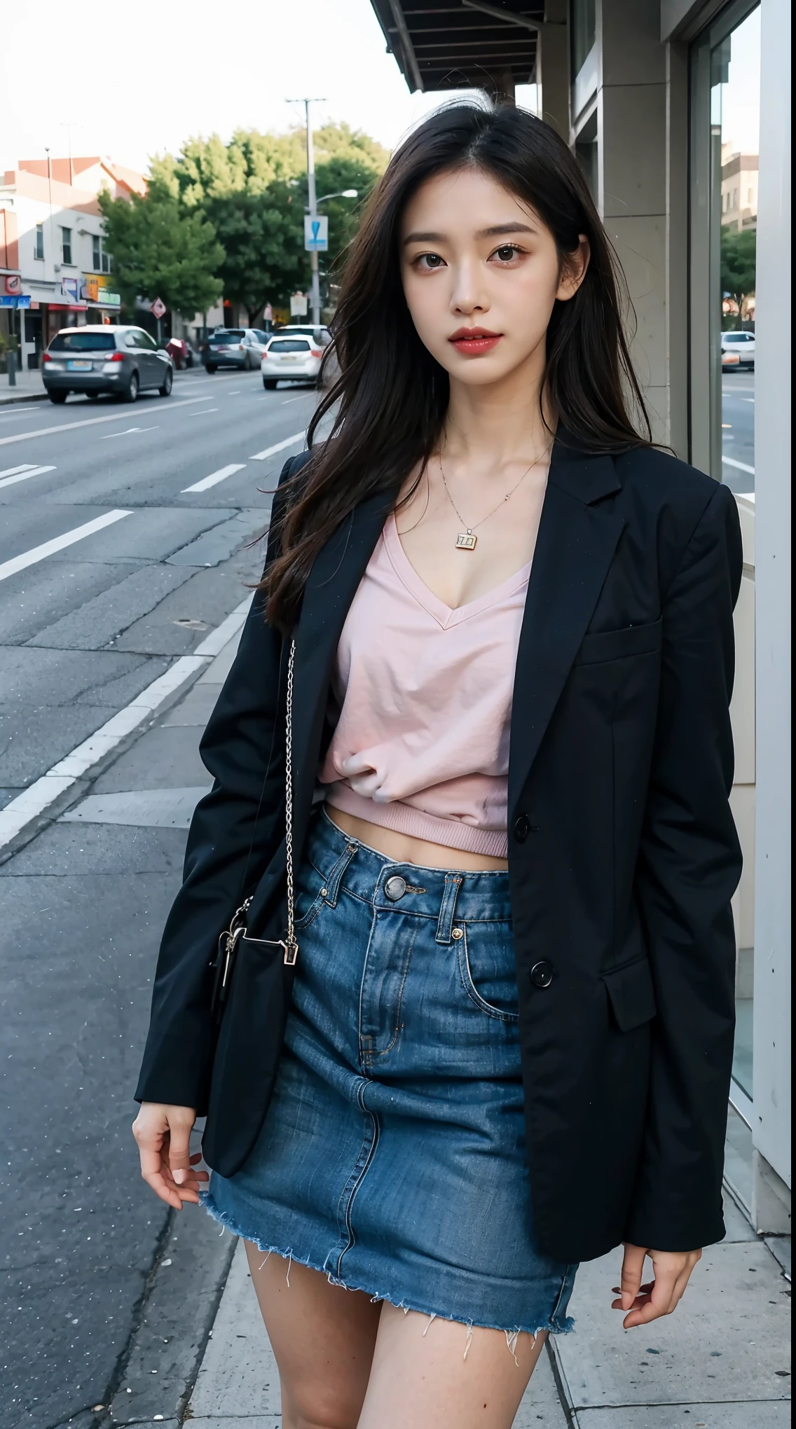 realistic, High resolution, 1 female, glowing skin, alone, tattoo, jewelry, pink lip, long hair, gray hair, blue eyes, closed mouth, hip up, shirt, black skirt, street wear