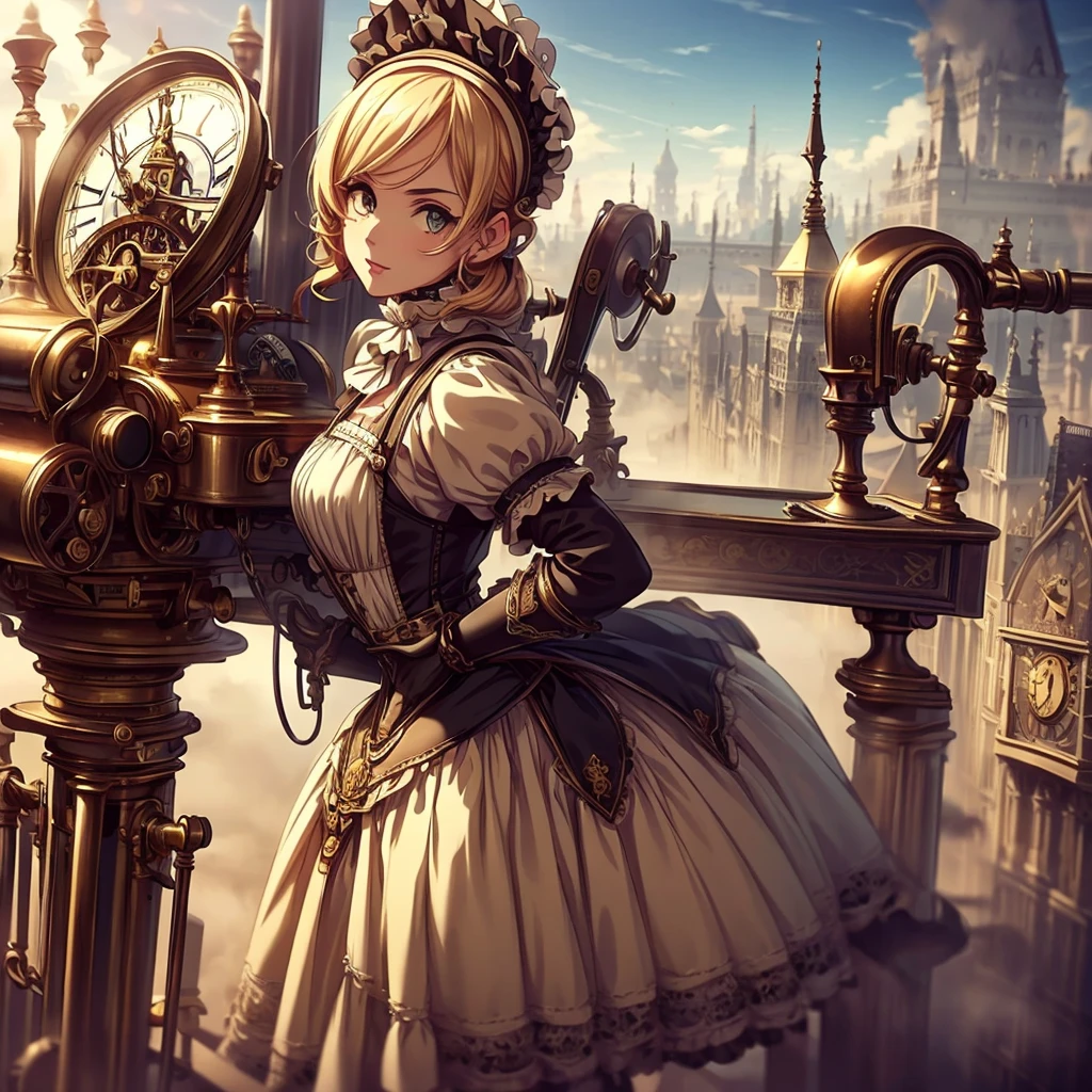 (masterpiece), best quality, expressive eyes, perfect face, ((perfect anatomy, best hands)), 1girl, (solo:1.5), a maid with a huge Winding Key at her back in steampunk style ((holding a machine)) standing on the top of stairroom, blond, gear,dial, boots, (white_apron:1.3),(maid headdress:1.3), black_dress,steampunk, gloves, belt puch, boots, suspenders, chain), (outdoors:1.5),London,street,(Victorian_era:1.5),(fog:1.5,steam:1),orange_sky,city view,(from_above:1.1),VictorianPunkAI