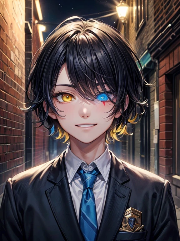 (masterpiece), best quality, high quality, dynamic light, 1boy, upper body, solo,  school uniform, (blue tie), (heterochromia), (blue left eye, yellow right eye:1.1), smug face, smirk, (glowing yellow eye), (hairstyle: straight), black hair, middle hair, (hair covers the eye:1.2), night sky, dark alley, horror, brick wall behind