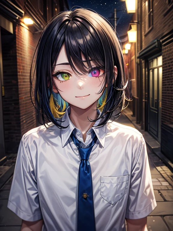 (masterpiece), best quality, high quality, dynamic light, 1boy, upper body, solo,  school uniform, (blue tie), (heterochromia), (blue left eye, yellow right eye:1.1), smug face, smirk, (glowing yellow eye), (hairstyle: straight), black hair, middle hair, (hair covers the eye:1.2), night sky, dark alley, horror, brick wall behind