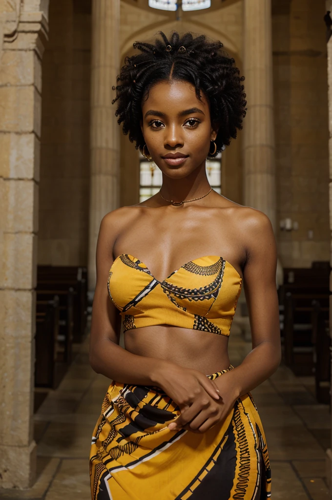 A female AI model of East African descent, possibly resembling the beauty standards of Burundi or Rwanda. She has the rich, dark skin tone often associated with African heritage. Her hair  styled in a modern African manner, perhaps in beautifully an afro, showcasing the unique and diverse hair textures found in Africa. Her body, in line with East African aesthetics,  strong and graceful with striking eyes, and a warm, captivating smile holding a flower in a black dress in church