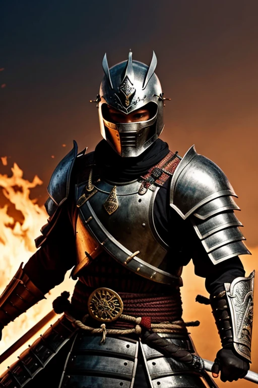 poder de fogo envolta do corpo como armadura de fogo e espada samurai