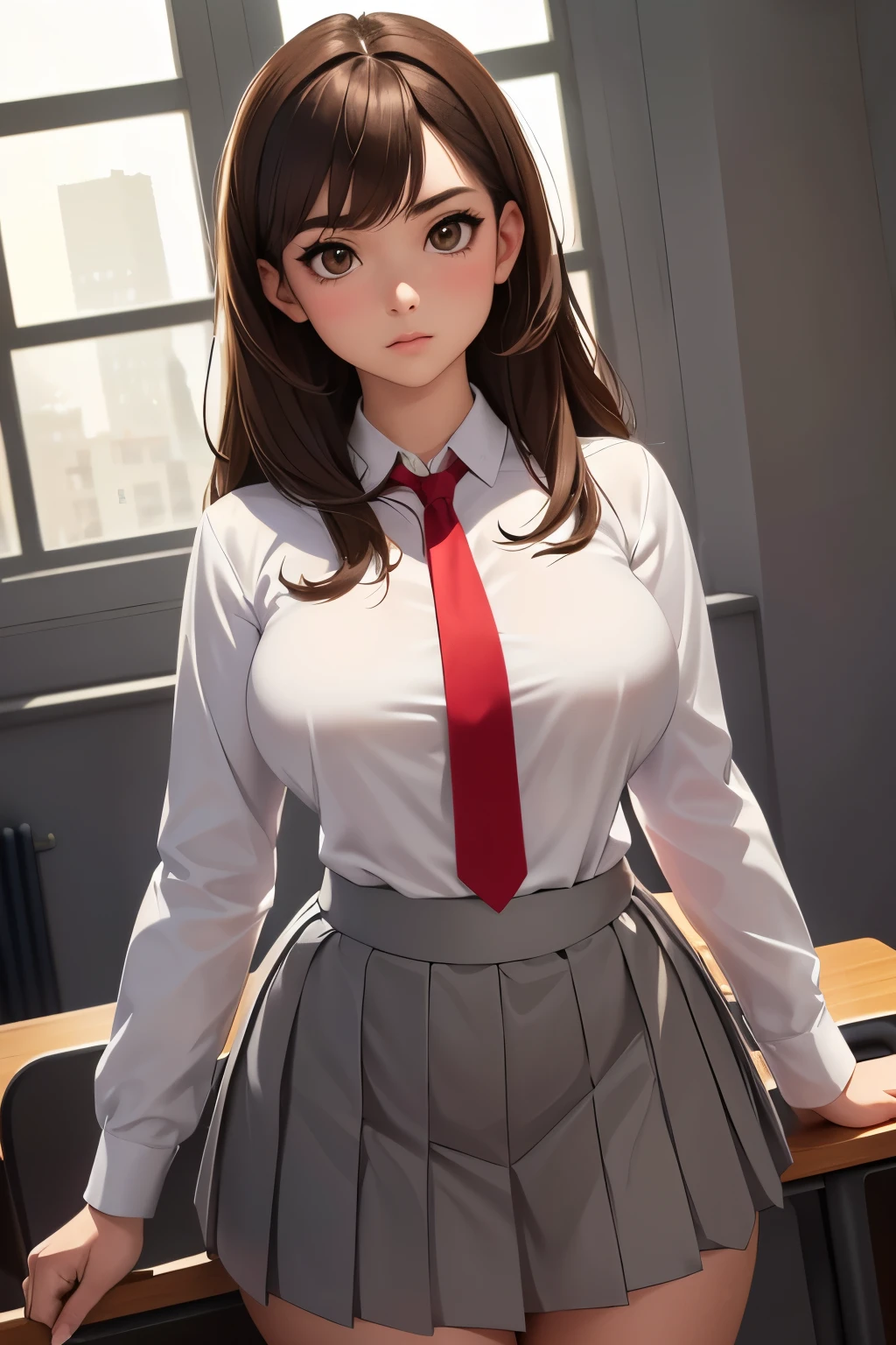 (extremely details CG, Unity, 8K Wallpaper extremely delicate and beautiful), (​masterpiece), (top-quality:1.0), (超A high resolution:1.0), ((perfect proportion shot:1.0)), beautiful vibrant lighting, realistic shadow, [high resolution], pretty face, slanted brown eyes, soft angled brow, 17 years old, arrogant expression, ((brown hair)), ((medium hair)), ((fringe)), (((medium breasts size))), plumpy body shape, high school, classroom, dynamic angle, ((white long sleeve shirt)), ((red ribbon tie)), ((pleated grey square motif skirt)), ((waist up shot))