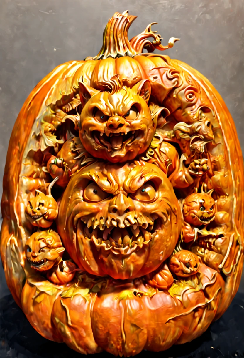 by akira toriyama, (3d Pumpkin Carving), carved out of pumpkin, smooth surface, clean lines, octane render, fantasy art, whimsical, intricate, (best quality, masterpiece, Representative work, official art, Professional, 8k)