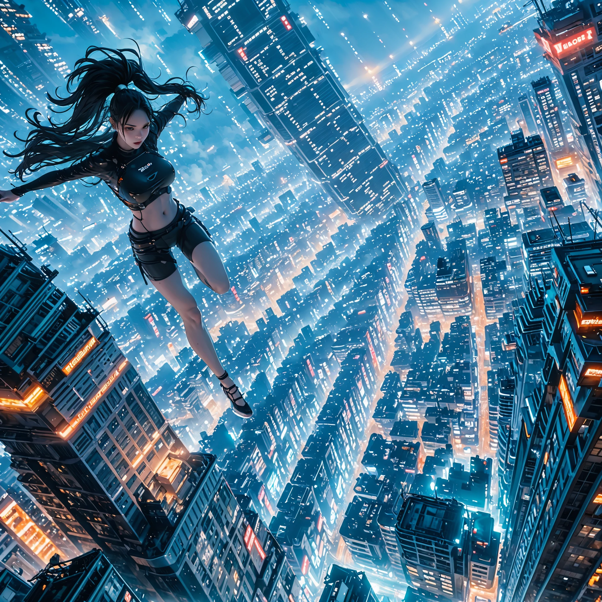 (ultra-detailed, masterpiece:1.2), extremely detailed artwork, best quality, high-resolution, hyper-realistic:1.37, attractive girl, breathtaking leap, background cityscape, realistic lighting, vibrant colors, elegant dress, flowing hair, graceful posture, mesmerizing expression, captivating eyes, delicate facial features, dynamic movement, bustling streets, towering skyscrapers, busy traffic, glowing neon signs, vibrant city life, breathtaking urban scenery, intricate architectural details, vivid city lights, bustling city ambiance, bustling streets, modern cityscape, urban energy