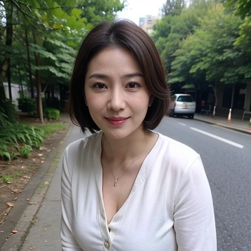 dark brown hair, light brown eyes, Japanese actress face, woman, Japanese50actress of the age,beautiful aunt, (highest quality: 1.4), (ultra high resolution: 1.2), ultra high resolution, (fine eyes), (detailed facial features), HDR, 8K resolution, Terrace in the forest,Plump erotic body、Slightly larger breast size,glossy lips、 sexy black underwear,cowboy short hair,The beauty of slim abs: 1.3,a seductive look, super fine face, delicate eyes, double eyelid, smile, Home、sexy pose、Erotic Poses、It feels like he's clearly inviting me、Pheromones are emitted