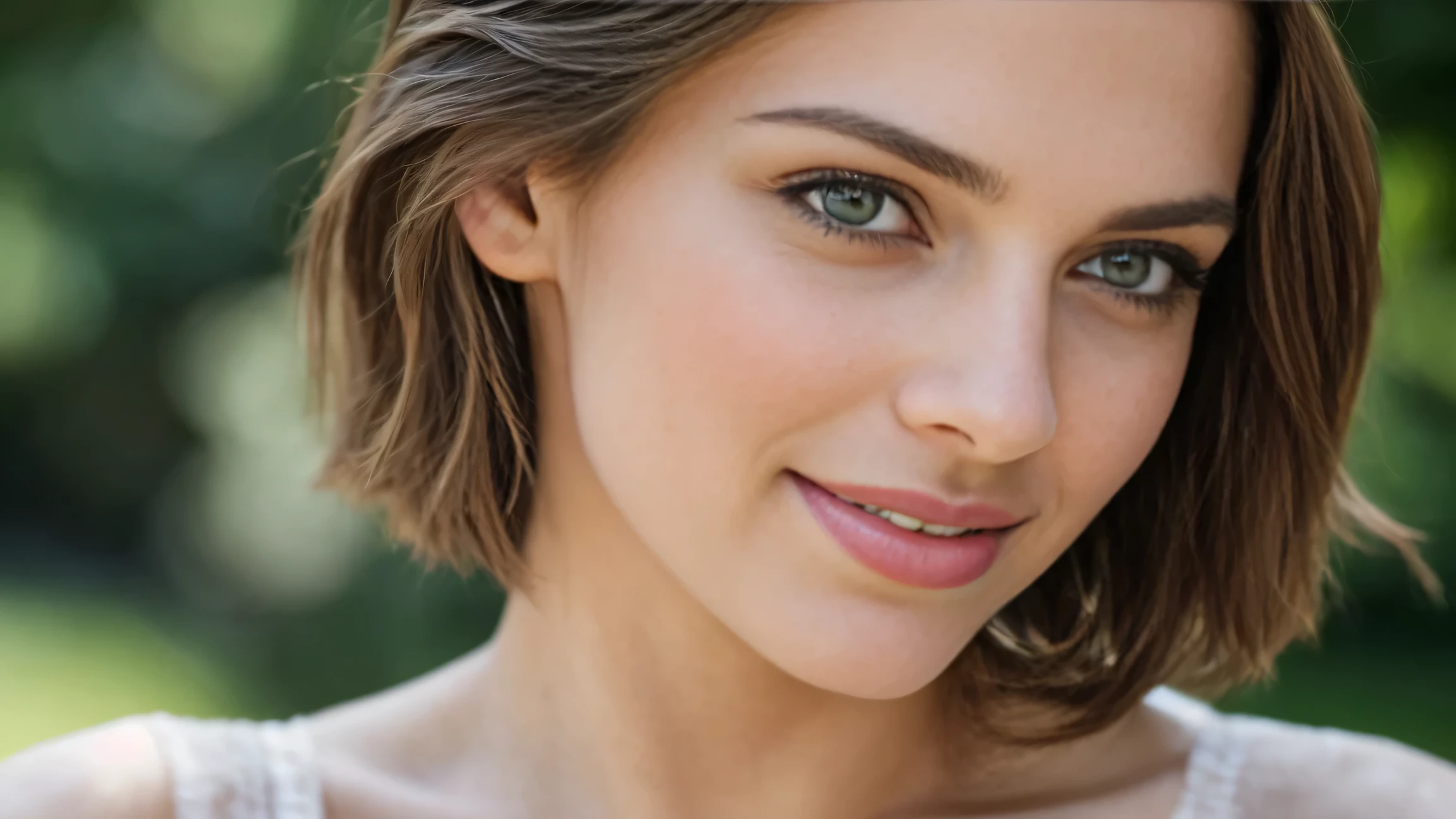 nice smile, beautiful european model, Close-up shot of only the face, 1 Girl with a beautiful face, Beautiful woman with a smile, (table top, highest quality, High resolution:1.4), 1 girl, Texture of skin pores, photograph, movie, movie, whole body, realistic, (8K, RAWphotograph, highest quality, table top:1.2), (realistic, photo-realistic:1.33), highest quality, small eyes are green, Natural light, Depth of bounds written, film grain, sharp, detailed and realistic portrait of a woman, stare at the camera, chapped lips, soft Natural light, のポートレートphotograph, 魔法のphotograph撮影, dramatic lighting, photorealism, super detailed, intimate portrait composition, Leica 50mm, short hair