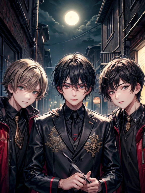 (masterpiece), best quality, high quality, dynamic light, boys, group of boys, upper body, face focus, surprize eyes, shocked, smirking, night sky, dark alley, horror