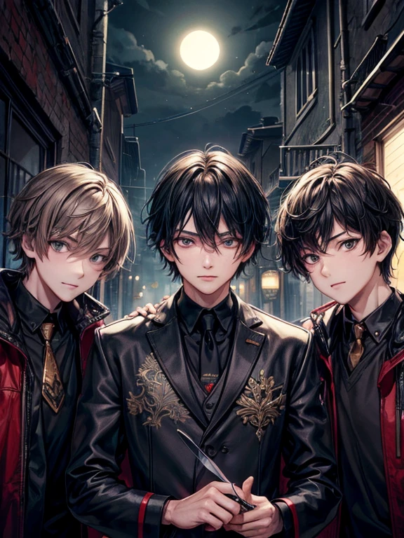 (masterpiece), best quality, high quality, dynamic light, boys, group of boys, upper body, face focus, surprize eyes, shocked, smirking, night sky, dark alley, horror