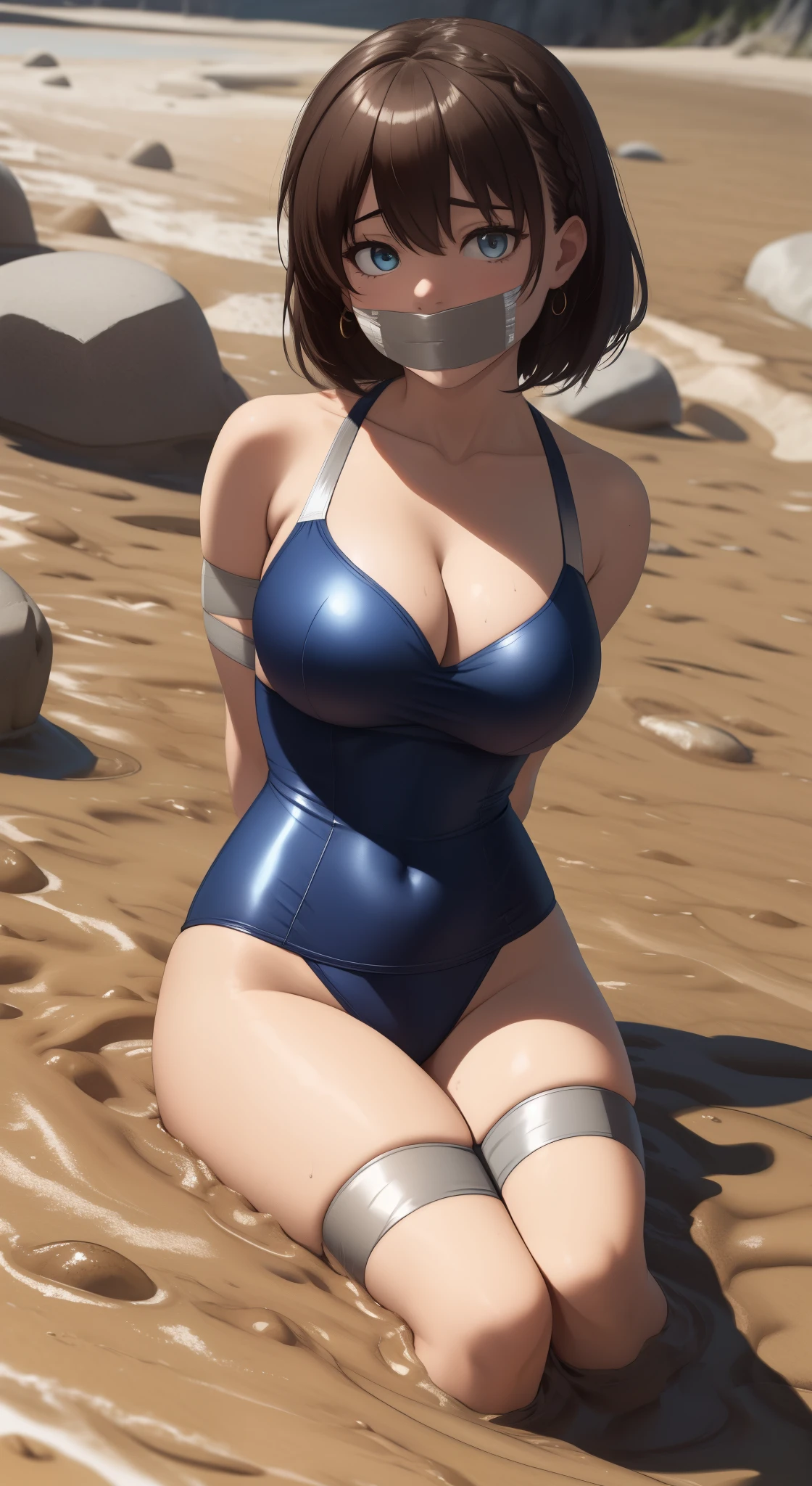 masterpiece, best quality, highly detailed, ultra high res, aichan, large breasts, 1girl, solo, blue eyes, short brown hair, braid, cleavage, swimsuit, (tape gag), (arms behind back), (quicksand:1.3)