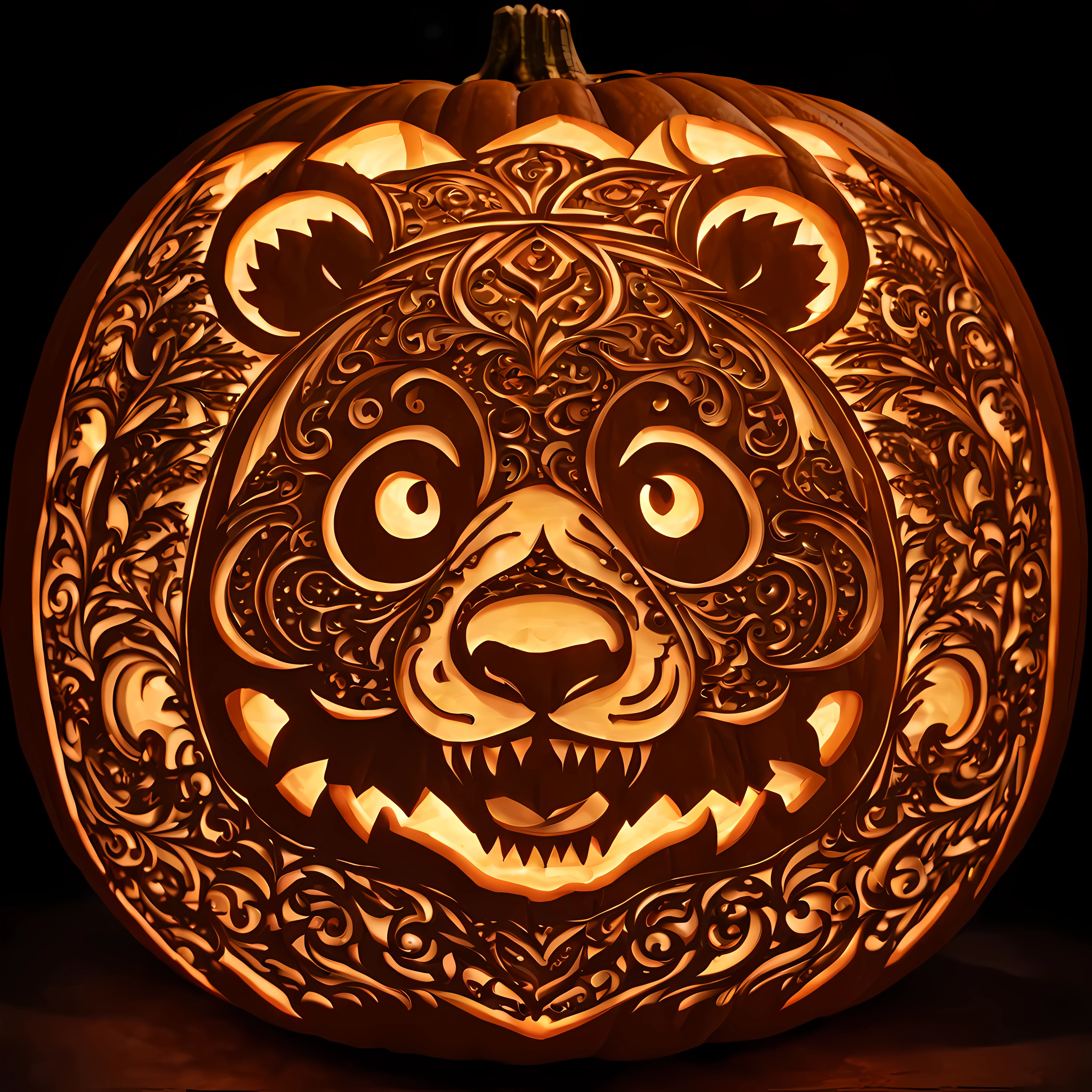 Masterpiece in maximum 16K resolution. | (A meticulously carved pumpkin:1.3) with an intricate rich gothic design. | Complex patterns, (((ethereal glow)), eerie, surreal enchanting moonlit starry night. | ((Happy vampire panda face)). | ((More_Detail))