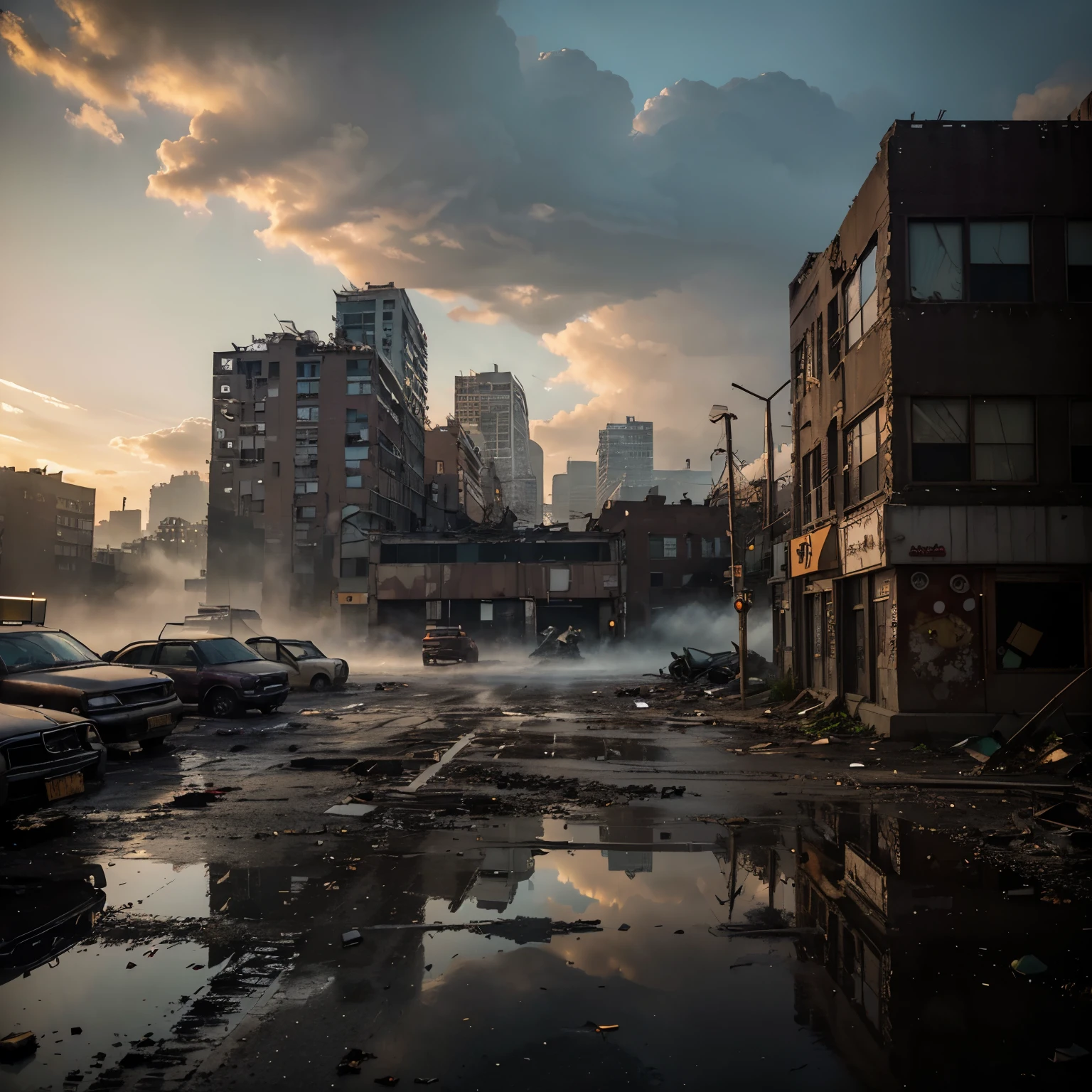 (apocalyptic new york street,clouds,sunrise),best quality,4k,8k,highres,masterpiece:1.2,ultra-detailed,realistic,photorealistic:1.37,detailed cinematic scene,dark and moody atmosphere,gritty urban environment,deserted streets,fallen buildings,eerie silence,ominous clouds rolling in,prominent skyline,purple and orange color palette,soft warm sunlight casting long shadows,dynamic lighting, dramatic contrast,abandoned cars and debris,cracked roads and shattered glass,street signs barely visible,smoke and fog floating in the air,skyscrapers partially destroyed, graffitied walls,overgrown vegetation reclaiming the city,ominous feeling of post-apocalyptic decay and destruction, sense of desolation and loneliness,building facades covered in ivy,decay and rusted metals,highlighted textures and surfaces,reflection of light on rain-soaked streets,blurred figures in the distance,sense of mystery and anticipation,stray animals exploring the abandoned cityscape,elements of destruction and chaos subtly integrated with natural elements,stunning details capturing the essence of a dystopian New York City in the early morning light.