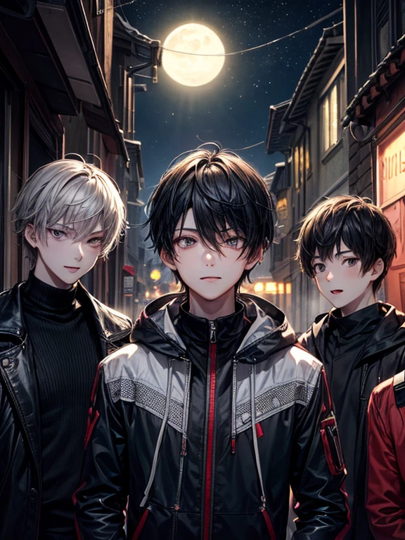 (masterpiece), best quality, high quality, dynamic light, boys, group of boys, upper body, face focus, surprize eyes, shocked, smirking, night sky, dark alley, horror