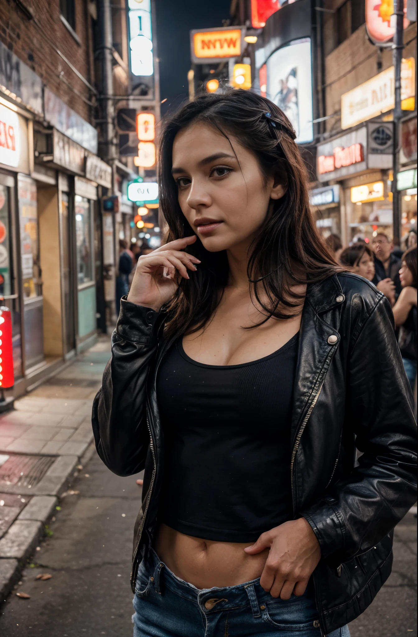 one beautiful woman, rebel, oval face, senseful lips, big brown eyes, 30 years old, slim sporty body, middle size breast, on a street surrounded by neon lights, cyberpunk lighting conditions, 3/4 body, half-side view, wearing black torn jeans, white tshirt and leather jacken, tail hair, bad girl, hands in the pockets, dangerous woman, rebelious look, clothes are whole and consitant, no text, night time, backgorund blurred, cinematic lighting, motion blur, film grain, very detailed, 30 years, dark brown eyes, high-res, masterpiece, best quality, intricate details, highly detailed, sharp focus, detailed skin, realistic skin texture, texture, detailed eyes, professional, 4k, 85mm, shallow depth of field, perfect fit body, extremely detailed, photo_\(ultra\), photorealistic, realistic, post-processing, maximum detail, roughness, real life, ultra realistic, photorealism, photography, 8k uhd, photography (grain of film) medium shot for closeup shot, longer slimer face, perfect face, HANDS ARE HIDDEN