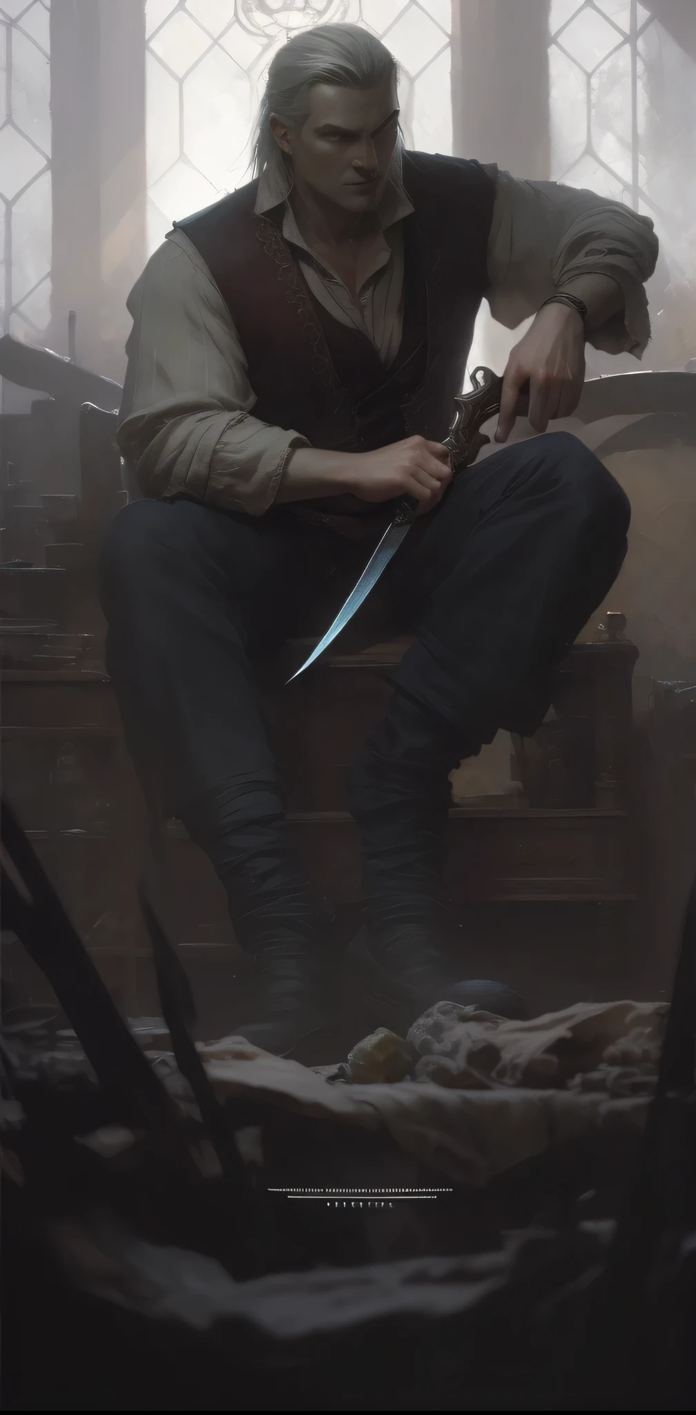 The painting shows a man sitting on a bed holding a knife, Craig Mullins Key to Darkness, craig mullins style, thomas koppi and wlop, Inspired by Dean Cornwell, Krentz Kusaud, artstation painting, Draw in high resolution, Dappled lighting by Craig Mullins, part dean cornwell style, Raymond Swanland的风格The painting shows a man sitting on a bed holding a knife, Craig Mullins Key to Darkness, craig mullins style, thomas koppi and wlop, Inspired by Dean Cornwell, Krentz Kusaud, artstation painting, Draw in high resolution, Dappled lighting by Craig Mullins, part dean cornwell style, Raymond Swanland (Raymond Swanland) Long hair stylinan in a vest, portrait of geralt