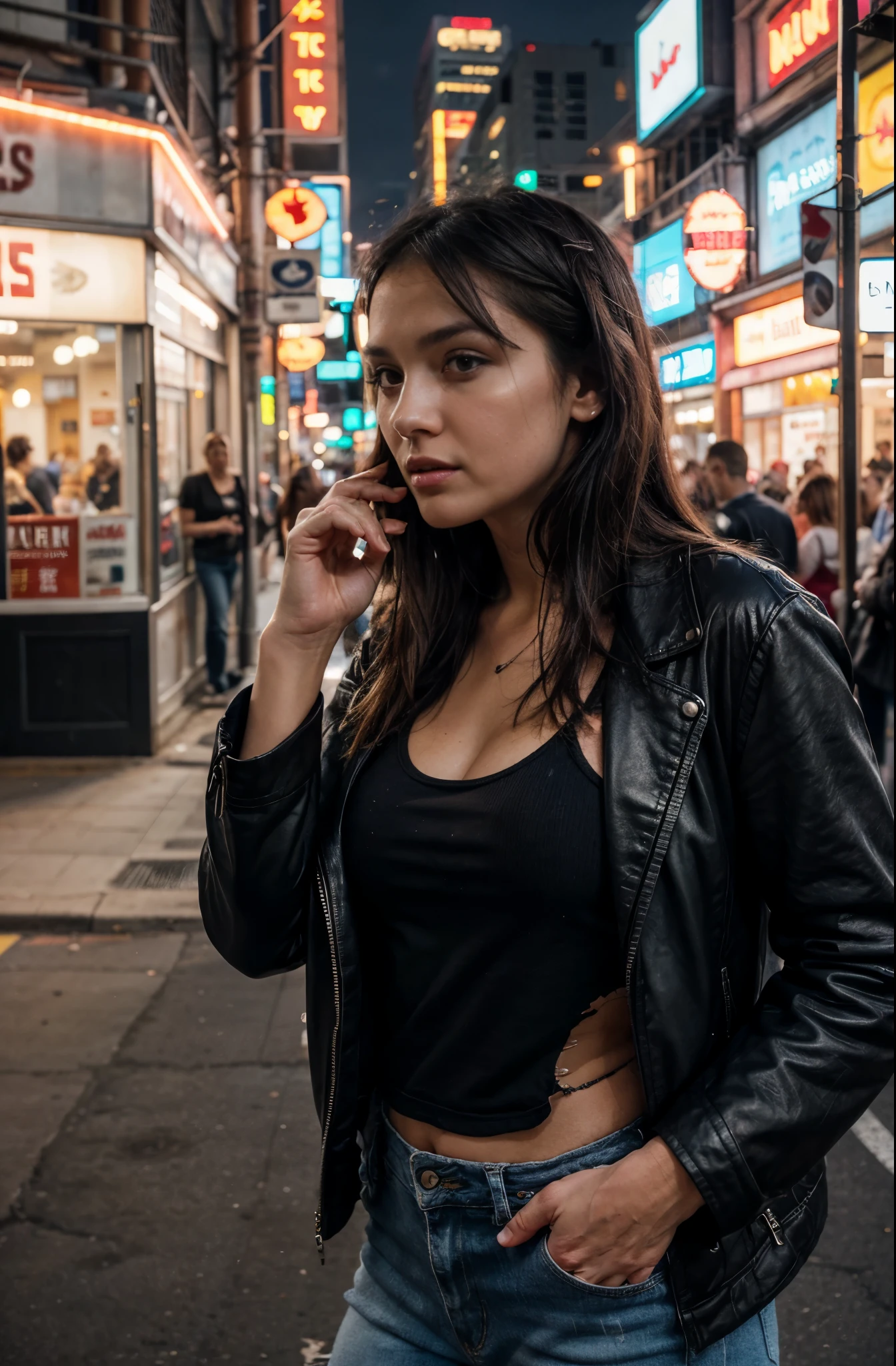 one beautiful woman, rebel, oval face, senseful lips, big brown eyes, 30 years old, slim sporty body, middle size breast, on a street surrounded by neon lights, cyberpunk lighting conditions, 3/4 body, half-side view, wearing black torn jeans, white tshirt and leather jacken, tail hair, bad girl, hands in the pockets, dangerous woman, rebelious look, clothes are whole and consitant, no text, night time, backgorund blurred, cinematic lighting, motion blur, film grain, very detailed, 30 years, dark brown eyes, high-res, masterpiece, best quality, intricate details, highly detailed, sharp focus, detailed skin, realistic skin texture, texture, detailed eyes, professional, 4k, 85mm, shallow depth of field, perfect fit body, extremely detailed, photo_\(ultra\), photorealistic, realistic, post-processing, maximum detail, roughness, real life, ultra realistic, photorealism, photography, 8k uhd, photography (grain of film) medium shot for closeup shot, longer slimer face, perfect face, HANDS ARE HIDDEN