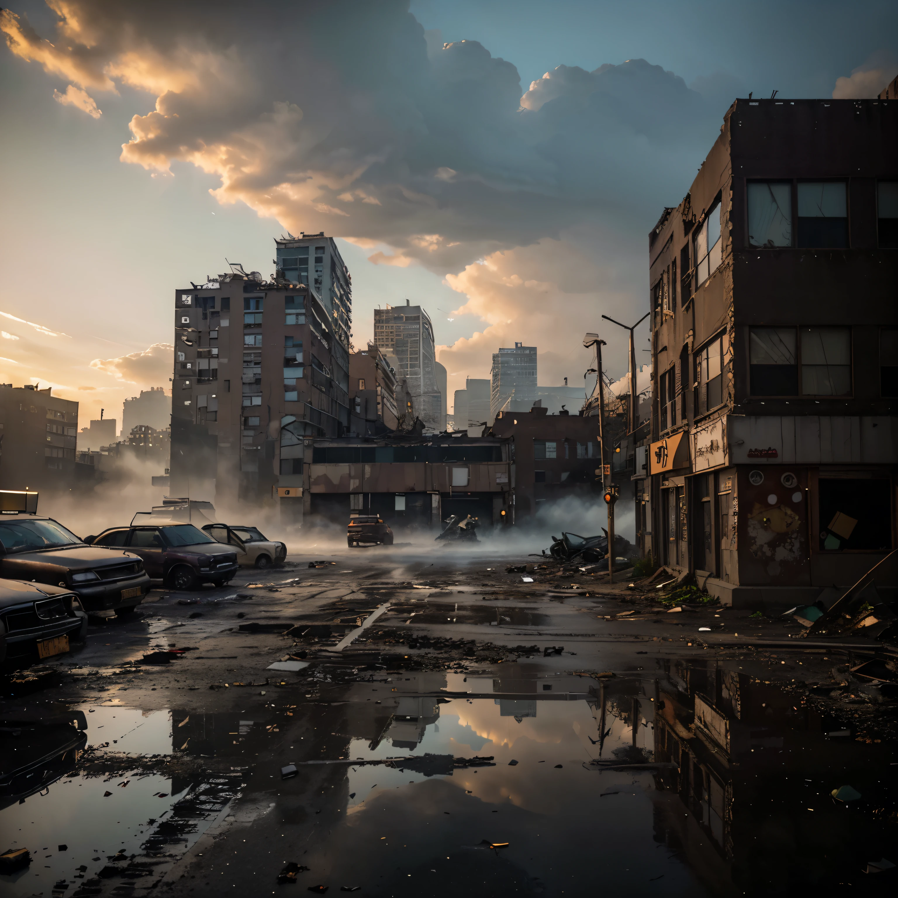 (apocalyptic new york street,clouds,sunrise),best quality,4k,8k,highres,masterpiece:1.2,ultra-detailed,realistic,photorealistic:1.37,detailed cinematic scene,dark and moody atmosphere,gritty urban environment,deserted streets,fallen buildings,eerie silence,ominous clouds rolling in,prominent skyline,purple and orange color palette,soft warm sunlight casting long shadows,dynamic lighting, dramatic contrast,abandoned cars and debris,cracked roads and shattered glass,street signs barely visible,smoke and fog floating in the air,skyscrapers partially destroyed, graffitied walls,overgrown vegetation reclaiming the city,ominous feeling of post-apocalyptic decay and destruction, sense of desolation and loneliness,building facades covered in ivy,decay and rusted metals,highlighted textures and surfaces,reflection of light on rain-soaked streets,blurred figures in the distance,sense of mystery and anticipation,stray animals exploring the abandoned cityscape,elements of destruction and chaos subtly integrated with natural elements,stunning details capturing the essence of a dystopian New York City in the early morning light.