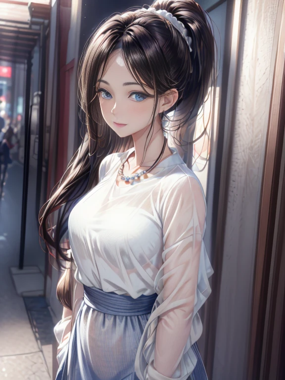 hip up, front pose, random posture, (masterpiece), 1 girl,, very detailed, Distorted ponytail, attractive expression, beautiful and clear eyes, blue eye pupil, delicate pearl necklace, Delicate earrings background blurred, extreme details, beautiful, attractive, Ultra-fine painting, delicate face, delicate figure, thin clavicle, nice lips, soft back, mix 4,(8K, RAW photo, highest quality, masterpiece:1.2), (realistic, photo-realistic:1.5),1 girl,cute,Embarrassed reddish expression,lips slightly parted,shiny black hair,Soft smile,indoor,bed,Night Invitation,Pastel garments
