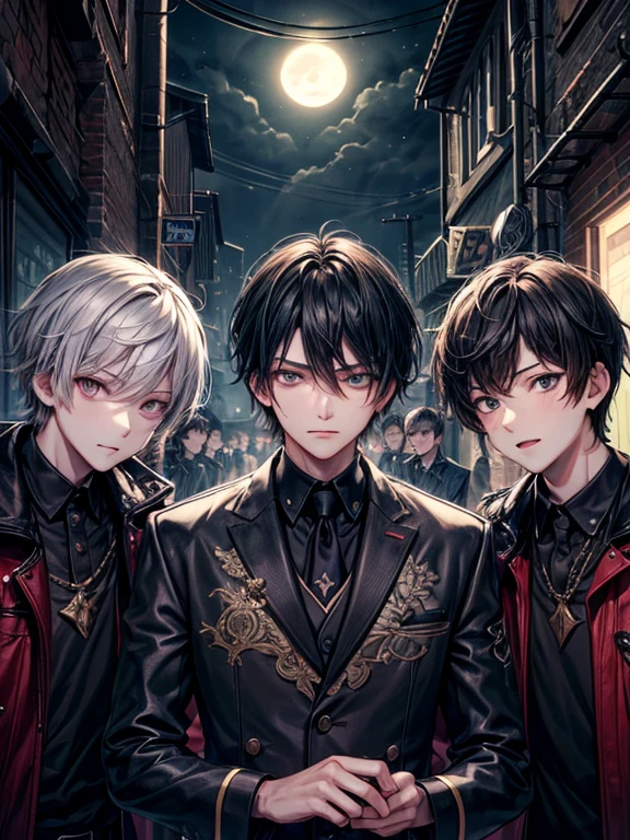 (masterpiece), best quality, high quality, dynamic light, boys, group of boys, upper body, face focus, surprize eyes, shocked, smirking, night sky, dark alley, horror