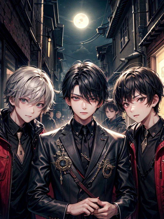 (masterpiece), best quality, high quality, dynamic light, boys, group of boys, upper body, face focus, surprize eyes, shocked, smirking, night sky, dark alley, horror