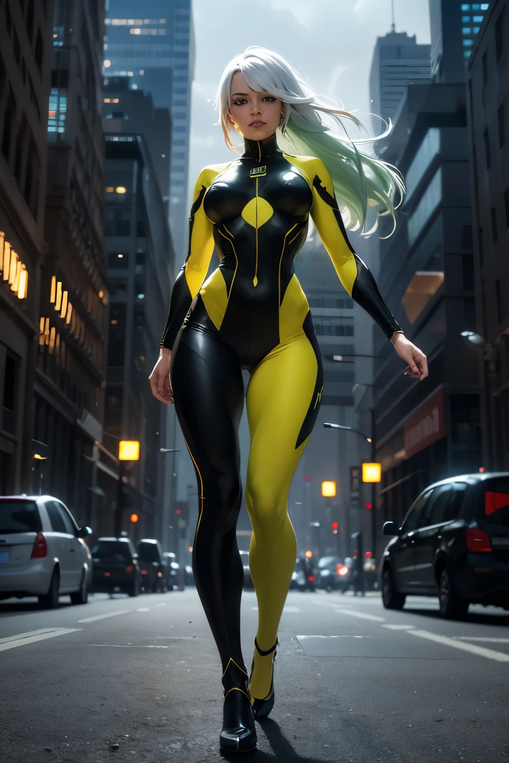 Rogue unsing leg sexy original suit style in full body in foot circle, fantasy, style green and yellow suit, ((red and white hair)), city background, , 30-megapixel, 4k, Canon EOS 5D Mark IV DSLR, 85mm lens, sharp focus, intricately detailed, long exposure time, f/8, ISO 100, diffuse back lighting, award winning photograph, facing camera, looking into camera, monovisions, perfect contrast, High sharpness, facial symmetry, depth of field, ultra-detailed photography, raytraced, global illumination,