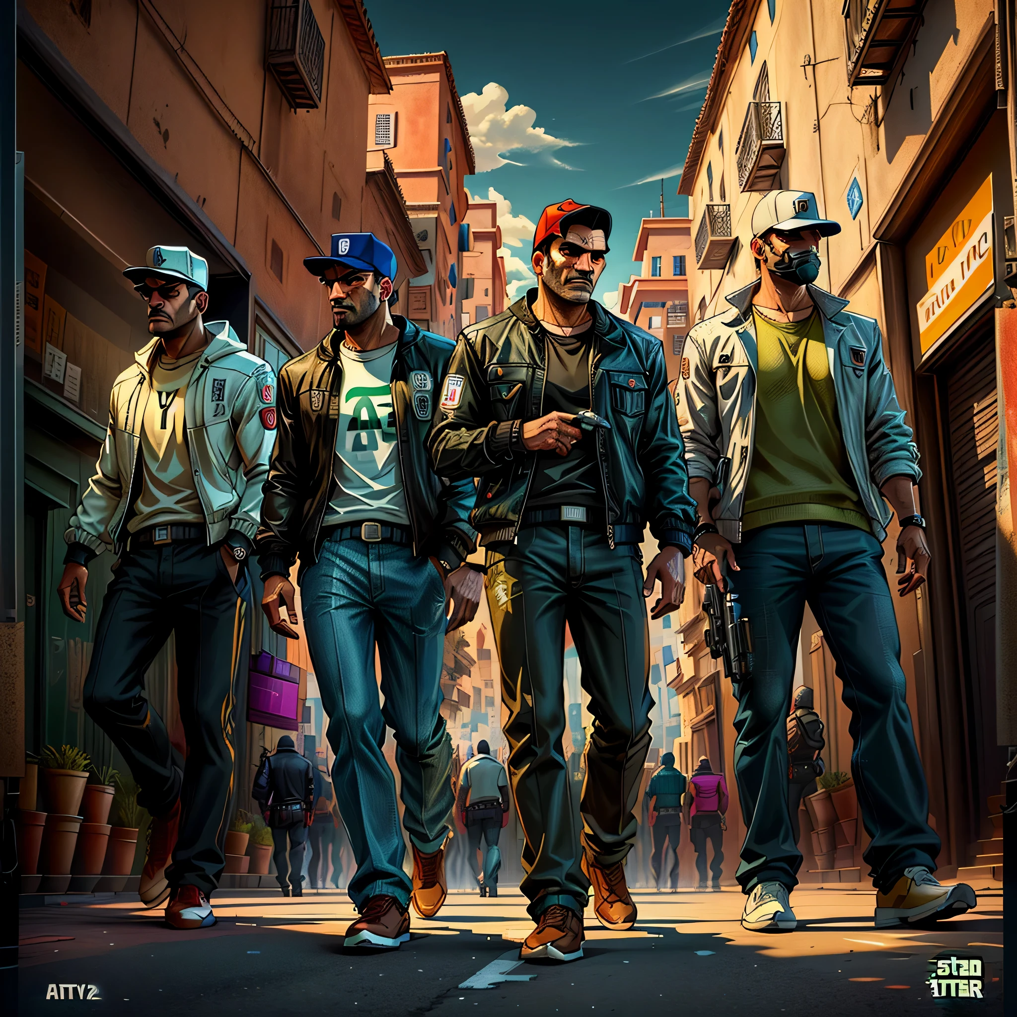 Image of a group of Moroccan men walking down a street in Marrakech, les mains dans les poches, Dressed as Super Mario , 2D Game Art GTA Cover, 2 D Game Art GTA Cover, Style artistique GTA, Grand Theft Auto Style, Style artistique GTA, Style de GTA V, 2D Game Art GTA5 Cover, Affiche du jeu, Style GTA, style of gta v artworks, Couverture GTA, gta loading screen art