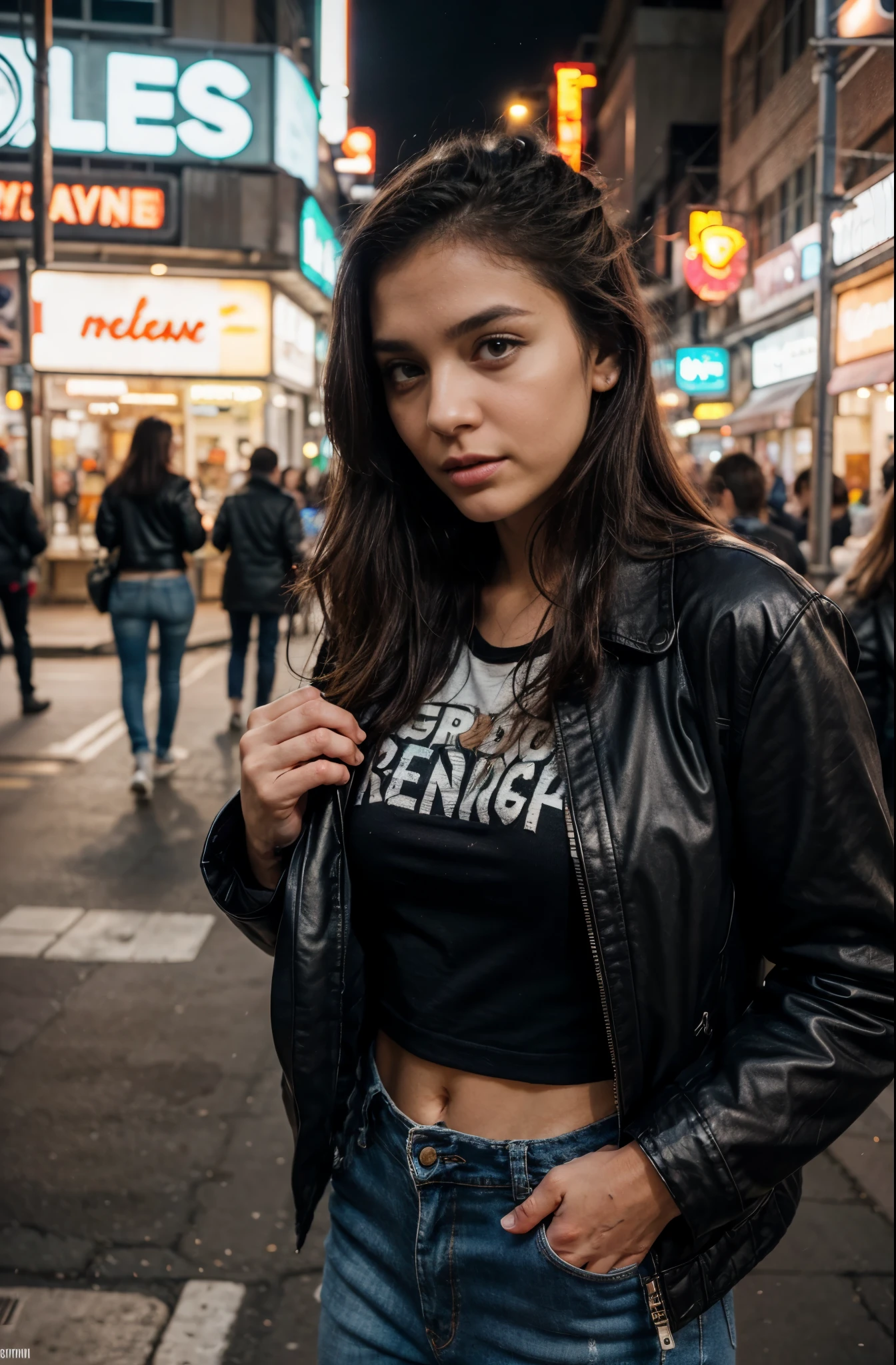 one beautiful woman, rebel, oval face, senseful lips, big brown eyes, 30 years old, slim sporty body, middle size breast, on a street surrounded by neon lights, cyberpunk lighting conditions, 3/4 body, half-side view, wearing black torn jeans, white tshirt and leather jacken, tail hair, bad girl, hands in the pockets, dangerous woman, rebelious look, clothes are whole and consitant, no text, night time, backgorund blurred, cinematic lighting, motion blur, film grain, very detailed, 30 years, dark brown eyes, high-res, masterpiece, best quality, intricate details, highly detailed, sharp focus, detailed skin, realistic skin texture, texture, detailed eyes, professional, 4k, 85mm, shallow depth of field, perfect fit body, extremely detailed, photo_\(ultra\), photorealistic, realistic, post-processing, maximum detail, roughness, real life, ultra realistic, photorealism, photography, 8k uhd, photography (grain of film) medium shot for closeup shot, longer slimer face, perfect face, HANDS ARE HIDDEN