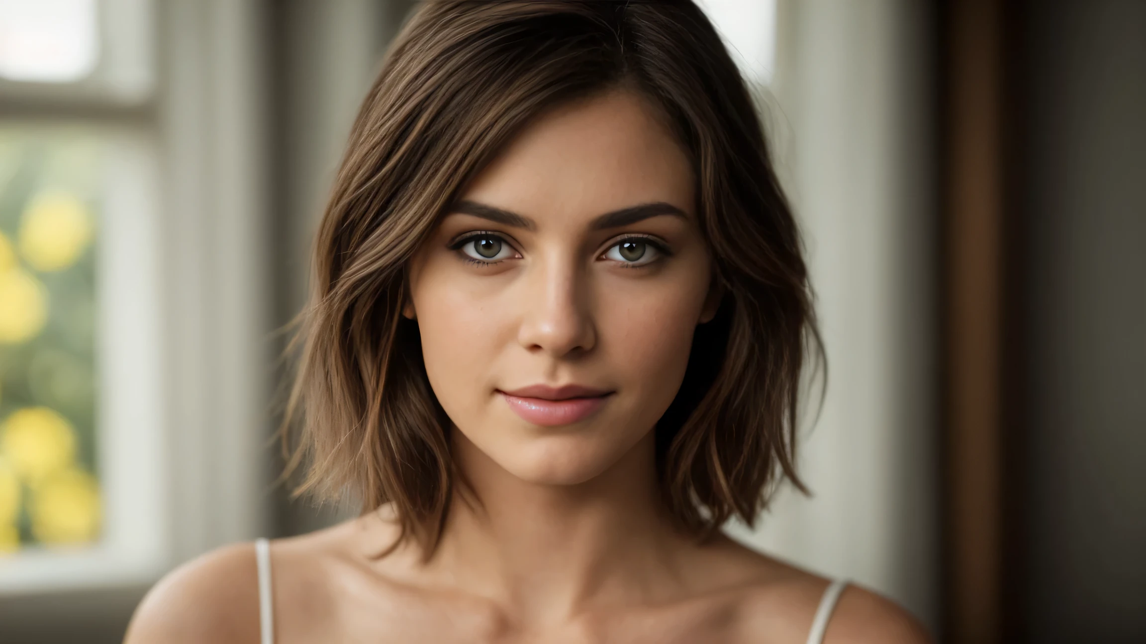 nice smile, beautiful european model, Close-up shot of only the face, 1 Girl with a beautiful face, Beautiful woman with a smile, (table top, highest quality, High resolution:1.4), 1 girl, Texture of skin pores, photograph, movie, movie, whole body, realistic, (8K, RAWphotograph, highest quality, table top:1.2), (realistic, photo-realistic:1.33), highest quality, small eyes are green, Natural light, Depth of bounds written, film grain, sharp, detailed and realistic portrait of a woman, stare at the camera, chapped lips, soft Natural light, のポートレートphotograph, 魔法のphotograph撮影, dramatic lighting, photorealism, super detailed, intimate portrait composition, Leica 50mm, short hair