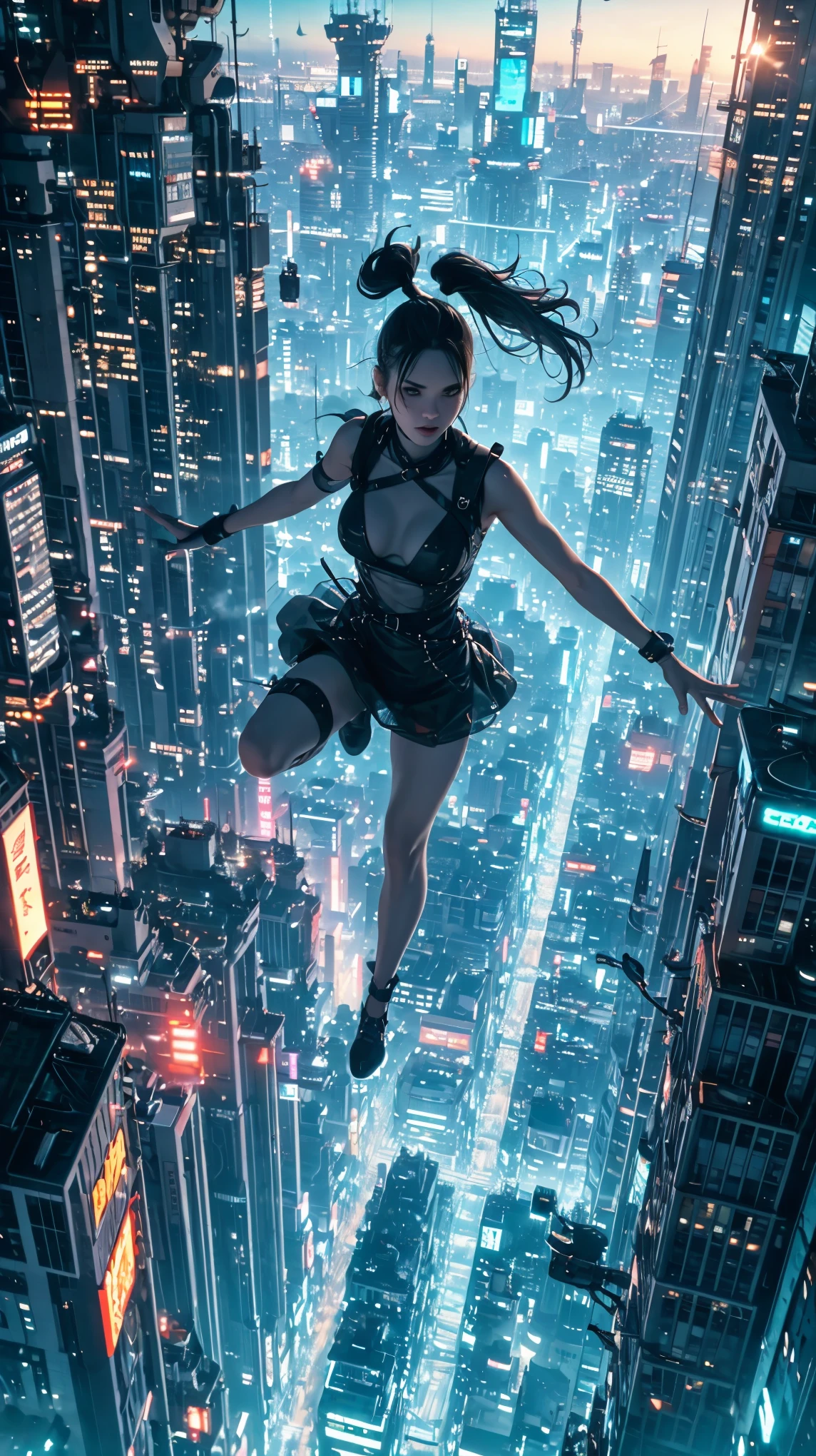 (ultra-detailed, masterpiece:1.2), extremely detailed artwork, best quality, high-resolution, hyper-realistic:1.37, attractive girl, breathtaking leap, background cityscape, realistic lighting, vibrant colors, elegant dress, flowing hair, graceful posture, mesmerizing expression, captivating eyes, delicate facial features, dynamic movement, bustling streets, towering skyscrapers, busy traffic, glowing neon signs, vibrant city life, breathtaking urban scenery, intricate architectural details, vivid city lights, bustling city ambiance, bustling streets, modern cityscape, urban energy