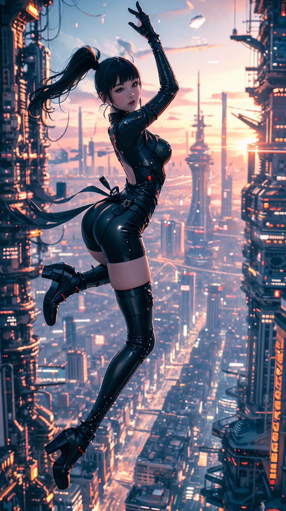 (ultra-detailed, masterpiece:1.2), extremely detailed artwork, best quality, high-resolution, hyper-realistic:1.37, attractive girl, breathtaking leap, background cityscape, realistic lighting, vibrant colors, elegant dress, flowing hair, graceful posture, mesmerizing expression, captivating eyes, delicate facial features, dynamic movement, bustling streets, towering skyscrapers, busy traffic, glowing neon signs, vibrant city life, breathtaking urban scenery, intricate architectural details, vivid city lights, bustling city ambiance, bustling streets, modern cityscape, urban energy