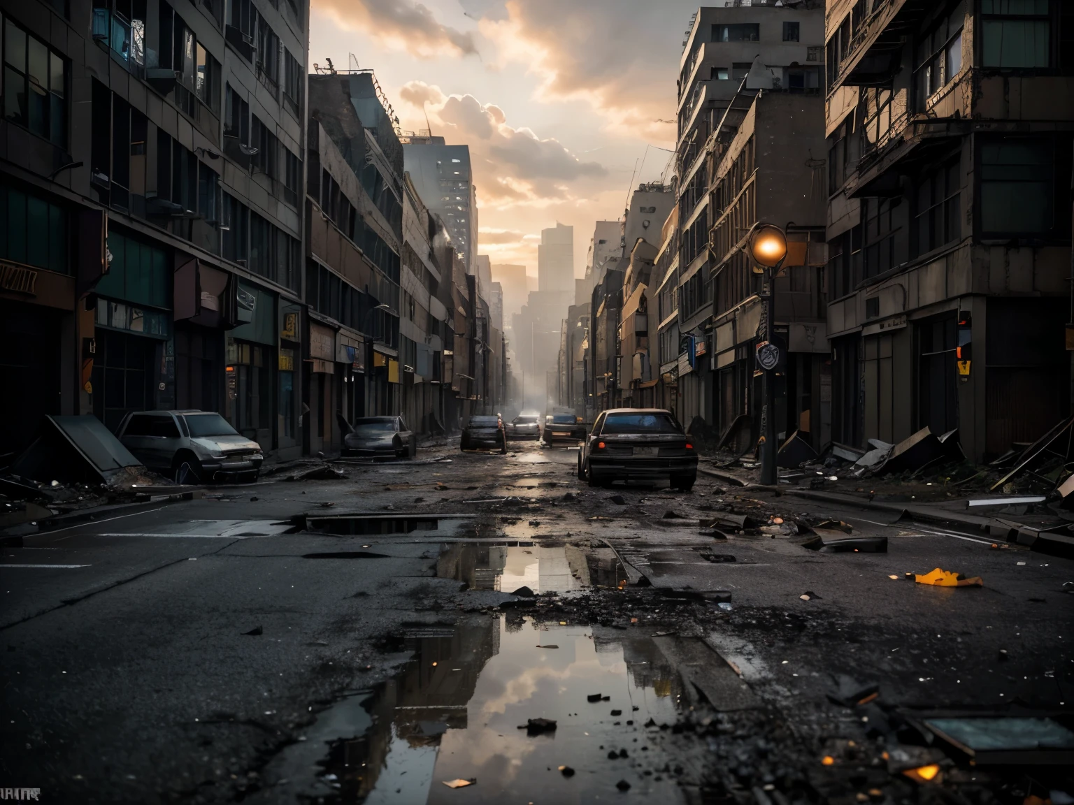 (apocalyptic new york street,clouds,sunrise),best quality,4k,8k,highres,masterpiece:1.2,ultra-detailed,realistic,photorealistic:1.37,detailed cinematic scene,dark and moody atmosphere,gritty urban environment,deserted streets,fallen buildings,eerie silence,ominous clouds rolling in,prominent skyline,purple and orange color palette,soft warm sunlight casting long shadows,dynamic lighting, dramatic contrast,abandoned cars and debris,cracked roads and shattered glass,street signs barely visible,smoke and fog floating in the air,skyscrapers partially destroyed, graffitied walls,overgrown vegetation reclaiming the city,ominous feeling of post-apocalyptic decay and destruction, sense of desolation and loneliness,building facades covered in ivy,decay and rusted metals,highlighted textures and surfaces,reflection of light on rain-soaked streets,blurred figures in the distance,sense of mystery and anticipation,stray animals exploring the abandoned cityscape,elements of destruction and chaos subtly integrated with natural elements,stunning details capturing the essence of a dystopian New York City in the early morning light.
