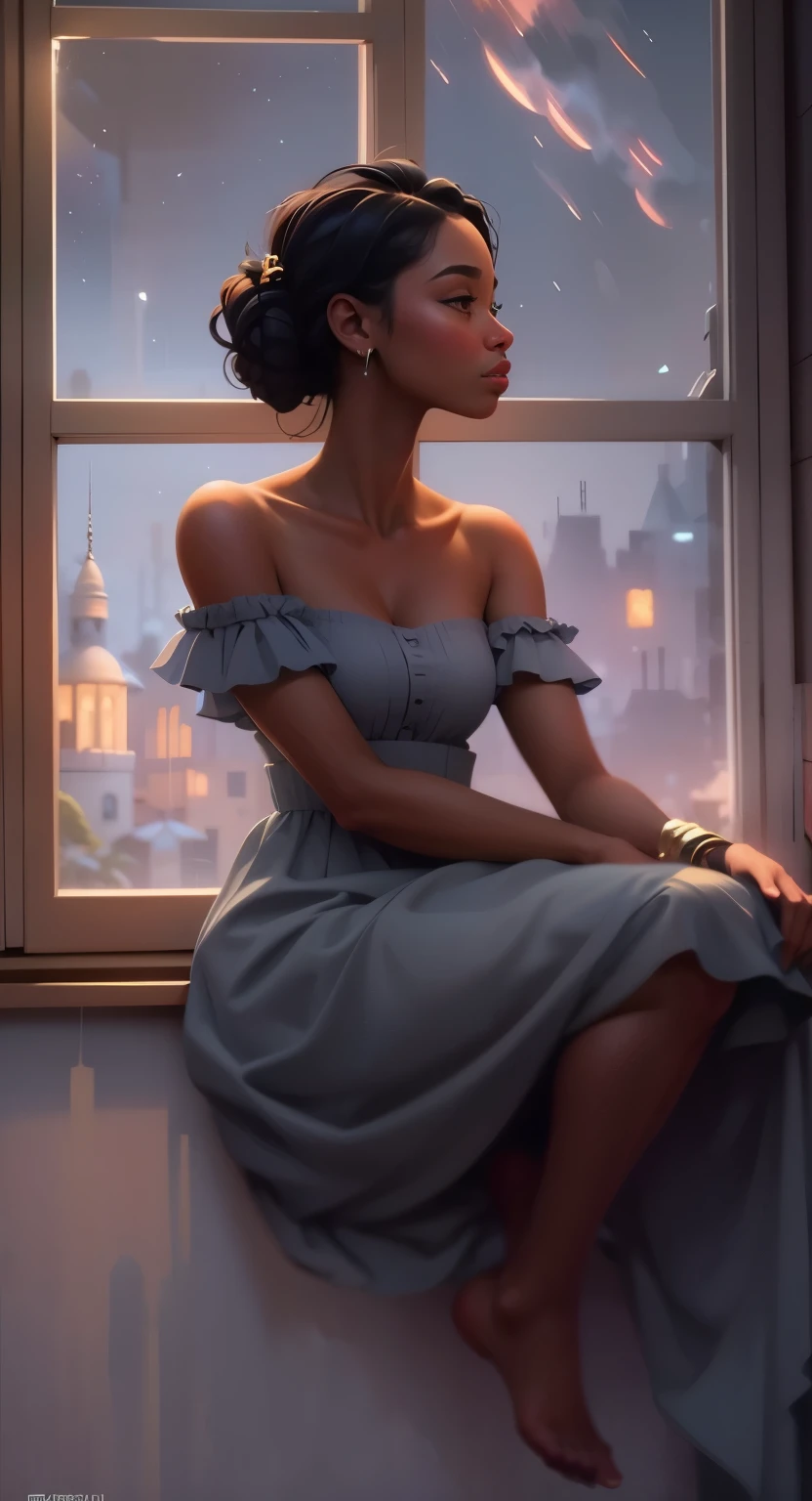 masterpiece, best quality, side profile of an extremely delicate and beautiful girl with dark skin, wearing an off the shoulder dress, resting on a windowsill, nightcore, world masterpiece theater, ultra-detailed, highly detailed, highres, extremely detailed,1girl with dark skin ,illustration, looking at the night sky, beautiful interior and exterior, impasto, canvas, oil painting, realistic, storybook style art, cozy atmosphere, silver bracelet 