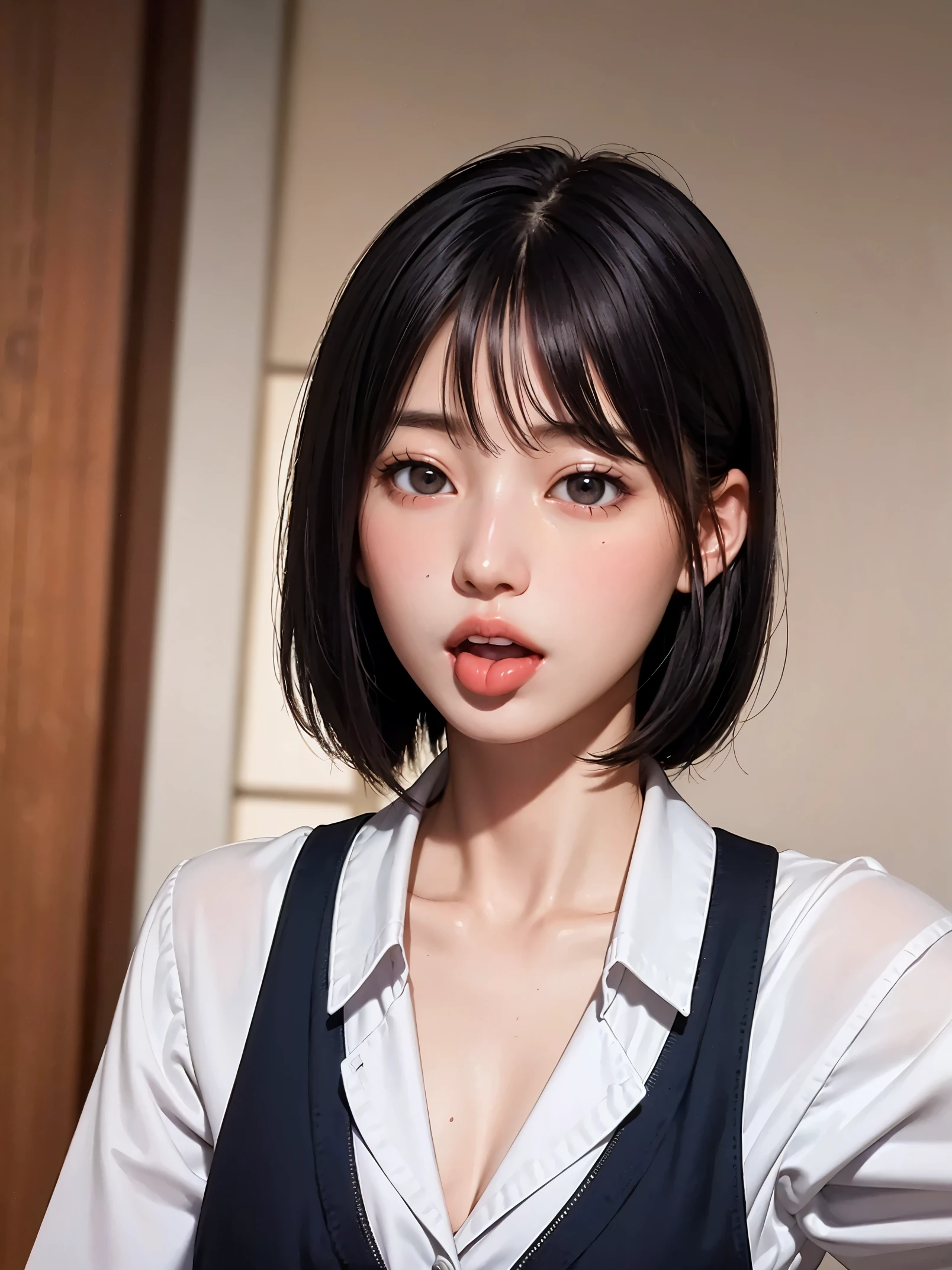 Masterpiece, high quality, high definition image, high definition skin, high detailed eyes, high school girl, short bob, (sticking out her tongue:1.1), her eyes are staring at the camera, wearing school uniform, bust up shot