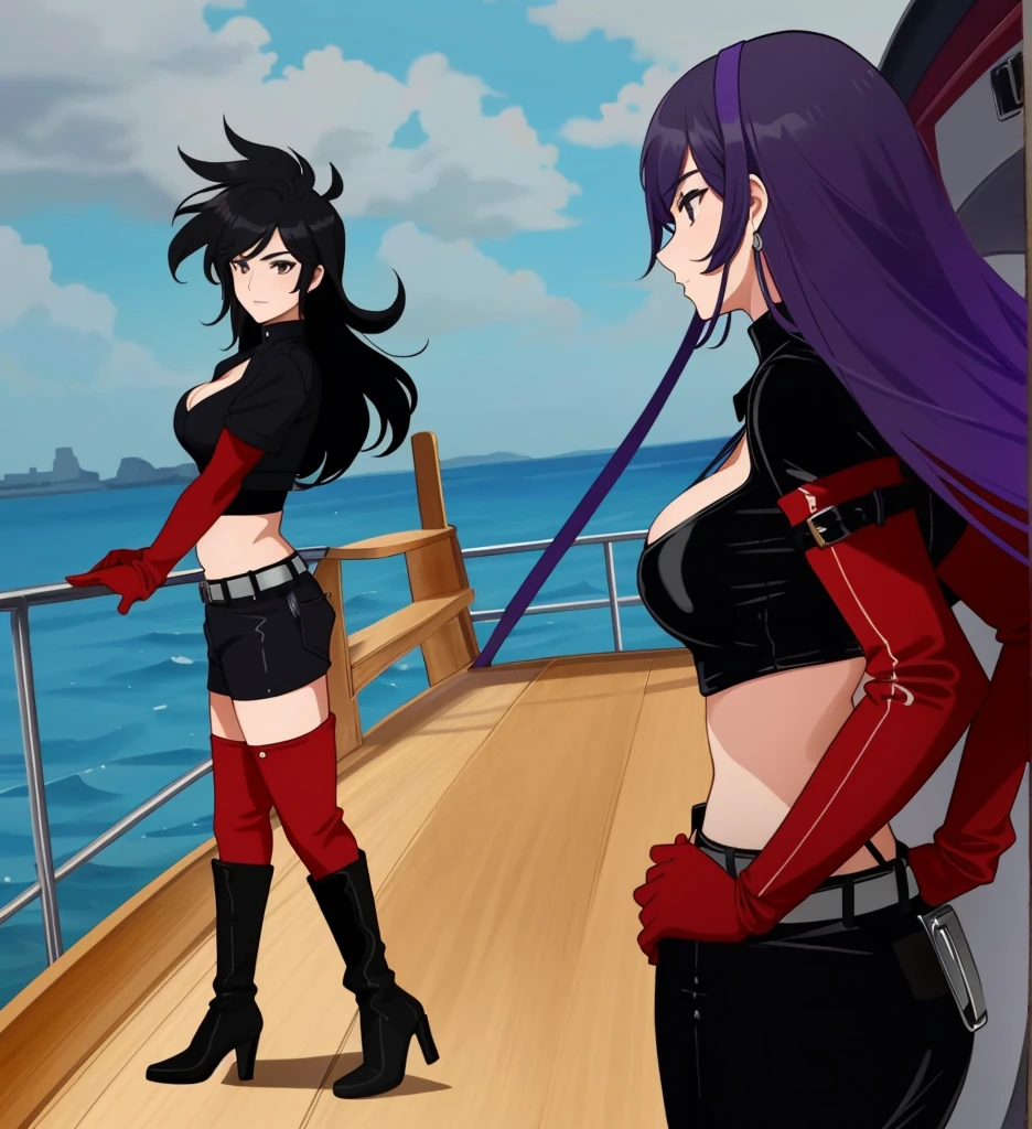 2 women on a boat, women in a black crop top, dark red elbow gloves, black tight short, silver belt with dark red buckle, black boots with high heels, cleavage, looking at each other