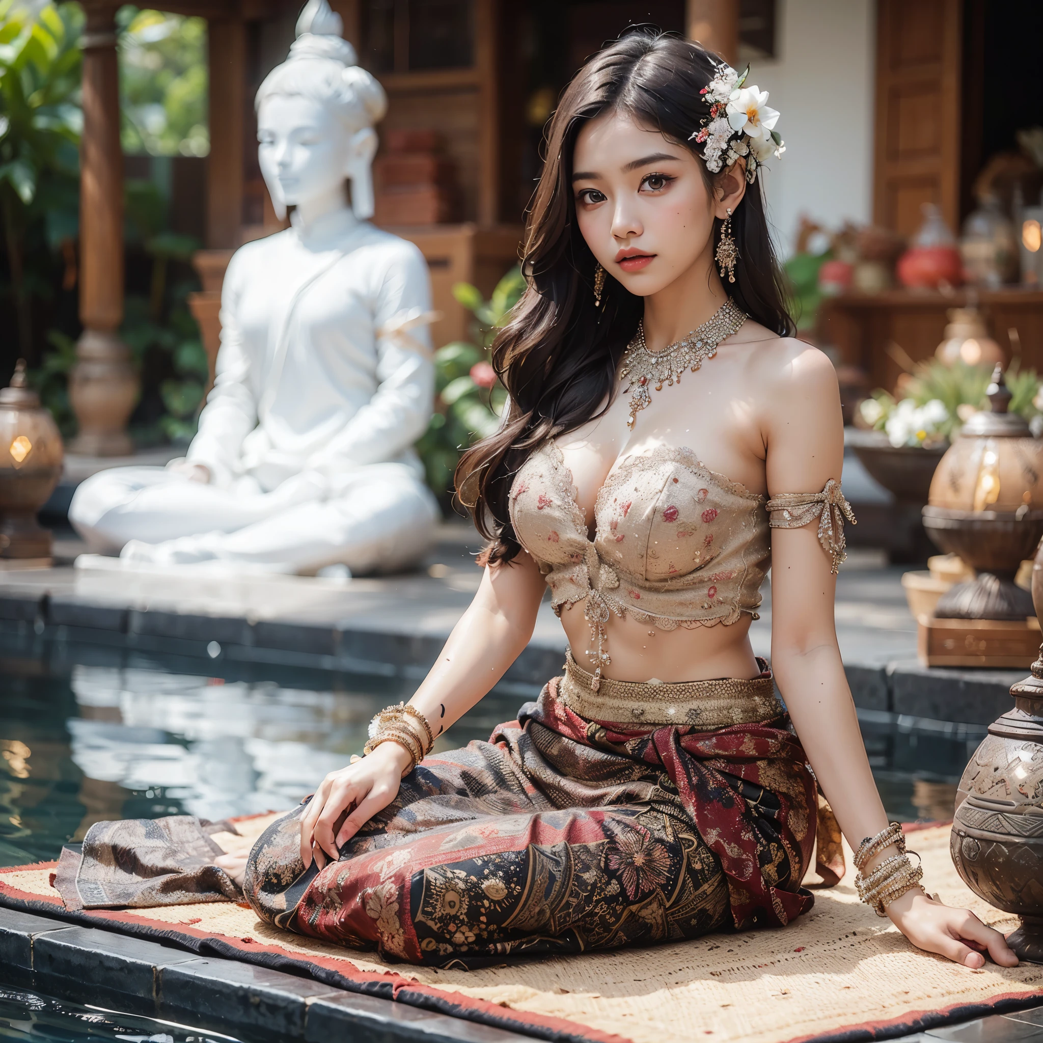 arafed woman with large round breast, sitting on a mat in a pool with budha statue in the background, wear transparent kebaya, transparant sleeves, traditional beauty, with beautiful exotic, traditional, cute woman, traditional art, beautiful woman, beautiful goddess, beautiful oriental woman, traditional dress, traditional clothes, gorgeous woman, beautiful asian girl, stunning elegant pose, beautiful model, wearing an ornate outfit, stunning woman, beautiful asian woman, masterpiece, best quality:1.2),(8k,highres,RAW photo,realistic,photo-realistic:1.3),(detailed skin texture,detailed cloth texture,beautiful detailed face:1.25),professional lighting,photon mapping,beautiful soft light,radiosity,physically-based rendering,model shoot style, model shoot style, (extremely detailed CG unity 8k wallpaper), full shot body photo of the most beautiful artwork in the world, complex 3d render ultra detailed, looking at viewer, 18 yo, wet hair, real human skin, vibrant details, hyperrealistic, beautiful, octane render, an extremely delicate and beautiful, extremely detailed ,CG ,unity ,wallpaper,Amazing, finely detail,official art,extreme detailed eyes, (perfect face), shiny skin, colorful, highest detailed, vibrant colors, ultra high res, (high contrast), intricate, lens flare, (((nsfw))), (((nipples)))
