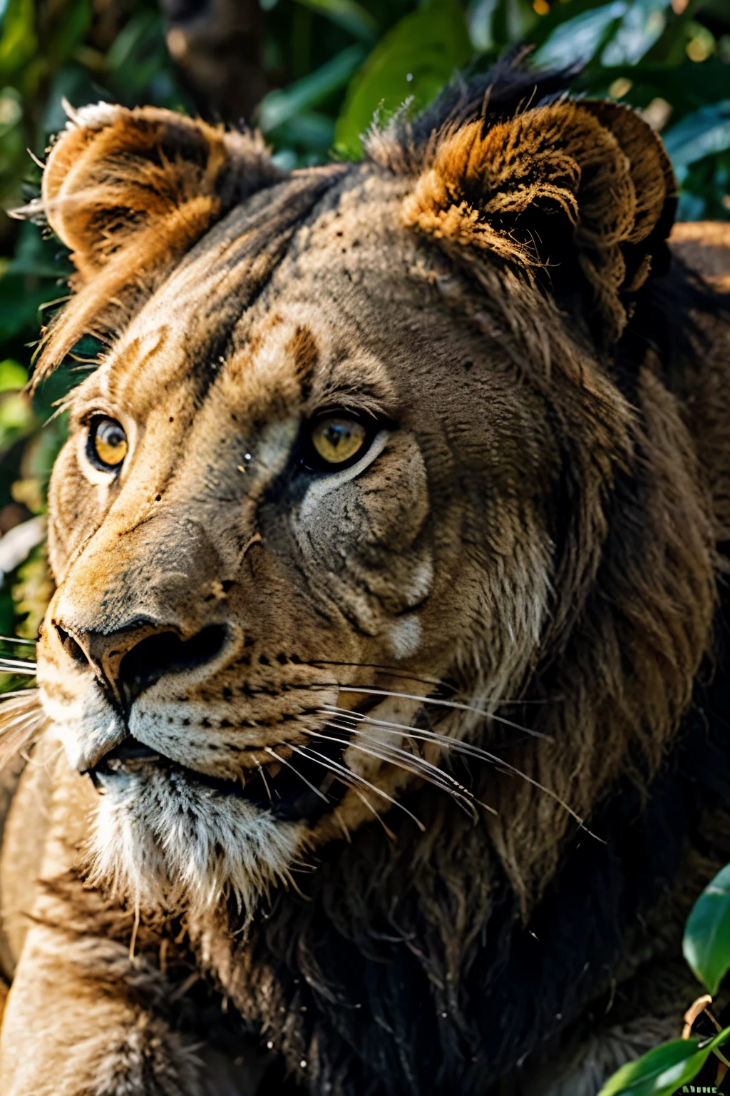Create an adult lion&#39;s head up close, olhando de frente com atitude imponente. The focus is on the eyes and mane. Pelagem curta na cor dourada, barba longa na cor branca e marrom. Moist black nose and closed snout without showing teeth. Piercing yellow eyes with constricted black pupils. Ears exposed with black tips. In the background, blur of vegetation in the savannah.

Below the lion&#39;s snout, inserir em uma fonte forte as palavras "Alfa Power" na cor preta com contorno branco. Give a little space between words.

The framing will be a close-up of the head only. The main focus is to convey in detail all the power and grandeur of the lion&#39;s gaze, como se estivesse encarando fixamente quem olha a imagem de frente. His expression inspires respect and admiration for his alpha and dominant posture.