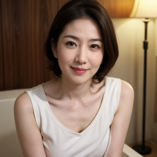 dark brown hair, light brown eyes, Japanese actress face, woman, Japanese50actress of the age,beautiful aunt, (highest quality: 1.4), (ultra high resolution: 1.2), ultra high resolution, (fine eyes), (detailed facial features), HDR, 8K resolution, bathroom,Plump erotic body、Slightly larger breast size,glossy lips、 In underwear,cowboy short hair,The beauty of slim abs: 1.3,a seductive look, delicate eyes, double eyelid, smile, Home、sexy pose、Erotic Poses、It feels like he's clearly inviting me、Pheromones are emitted