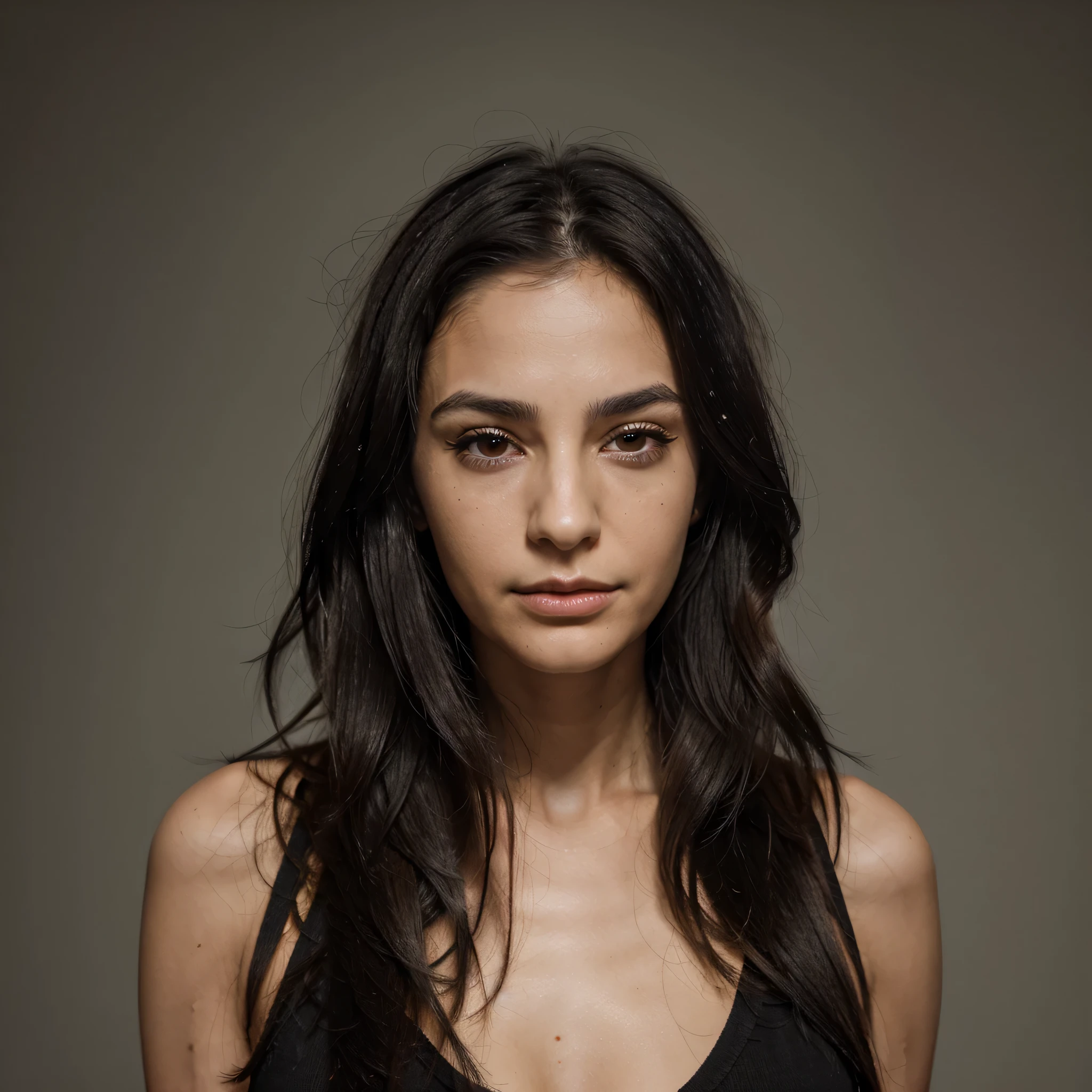 Adult female, full body, realistic, 35 years old, italian descent, fully dressed, barefoot, bright black hair, long, slightly curly, messy style, thin long face, V-shaped face, extremely slender build, small mole on left side of neck, skin imperfections, dark very thin eyebrows, one eyebrow raised, head tilted to the right, suspicious expression, dark brown eyes, makeup.