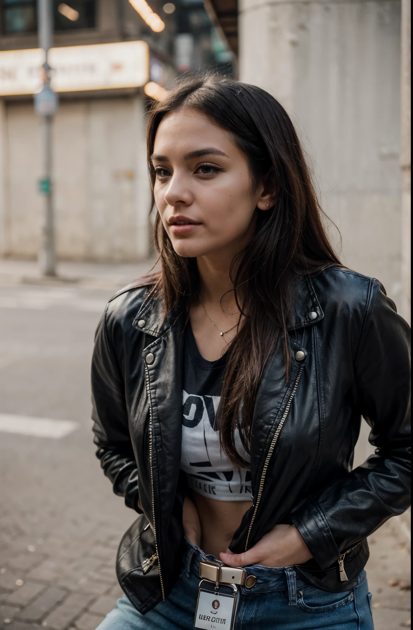 one beautiful woman, rebel, oval face, senseful lips, big brown eyes, 30 years old, slim sporty body, middle size breast, on a street surrounded by neon lights, cyberpunk lighting conditions, 3/4 body, half-side view, wearing black torn jeans, white tshirt and leather jacken, tail hair, bad girl, hands in the pockets, dangerous woman, rebelious look, clothes are whole and consitant, no text, night time, backgorund blurred, cinematic lighting, motion blur, film grain, very detailed, 30 years, dark brown eyes, high-res, masterpiece, best quality, intricate details, highly detailed, sharp focus, detailed skin, realistic skin texture, texture, detailed eyes, professional, 4k, 85mm, shallow depth of field, perfect fit body, extremely detailed, photo_\(ultra\), photorealistic, realistic, post-processing, maximum detail, roughness, real life, ultra realistic, photorealism, photography, 8k uhd, photography (grain of film) medium shot for closeup shot, longer slimer face, perfect face