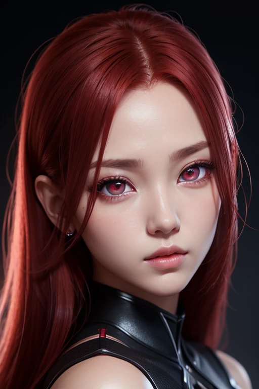1 woman, star eyes, blush, perfect lighting, red hair, red eyes, korean, Unreal Engine, side lights, detailed face, forehead, light skin, background, dark background,