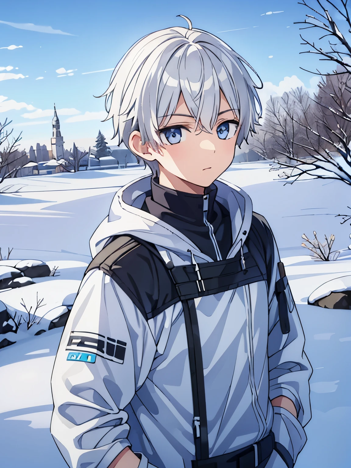 white short hair，17-year-old boy，gray eyes，snowfield