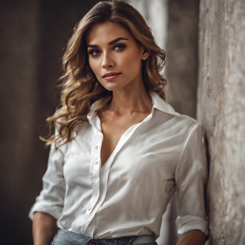 a pretty woman, dressed in white shirt, full body portrait, nice perfect face with perfect face, hyper realistic concept, 8k resolution, photography quality, posing for a photo, photo realistic,