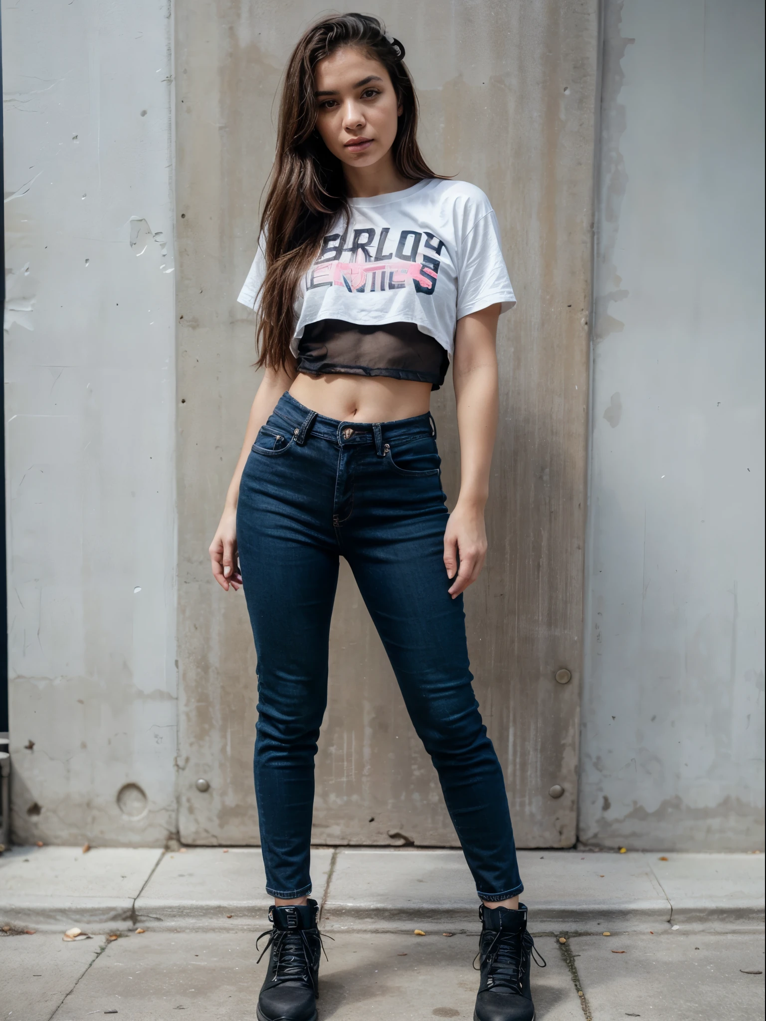 one beautiful woman, rebel, oval face, senseful lips, big brown eyes, 30 years old, slim sporty body, middle size breast, on a street surrounded by neon lights, cyberpunk lighting conditions, 3/4 body, half-side view, wearing black torn jeans, white tshirt and leather jacken, tail hair, bad girl, hands in the pockets, dangerous woman, rebelious look, clothes are whole and consitant, no text, night time, backgorund blurred, cinematic lighting, motion blur, film grain, very detailed, 30 years, dark brown eyes, high-res, masterpiece, best quality, intricate details, highly detailed, sharp focus, detailed skin, realistic skin texture, texture, detailed eyes, professional, 4k, 85mm, shallow depth of field, perfect fit body, extremely detailed, photo_\(ultra\), photorealistic, realistic, post-processing, maximum detail, roughness, real life, ultra realistic, photorealism, photography, 8k uhd, photography (grain of film) medium shot for closeup shot, longer slimer face, perfect face, no text on clothes