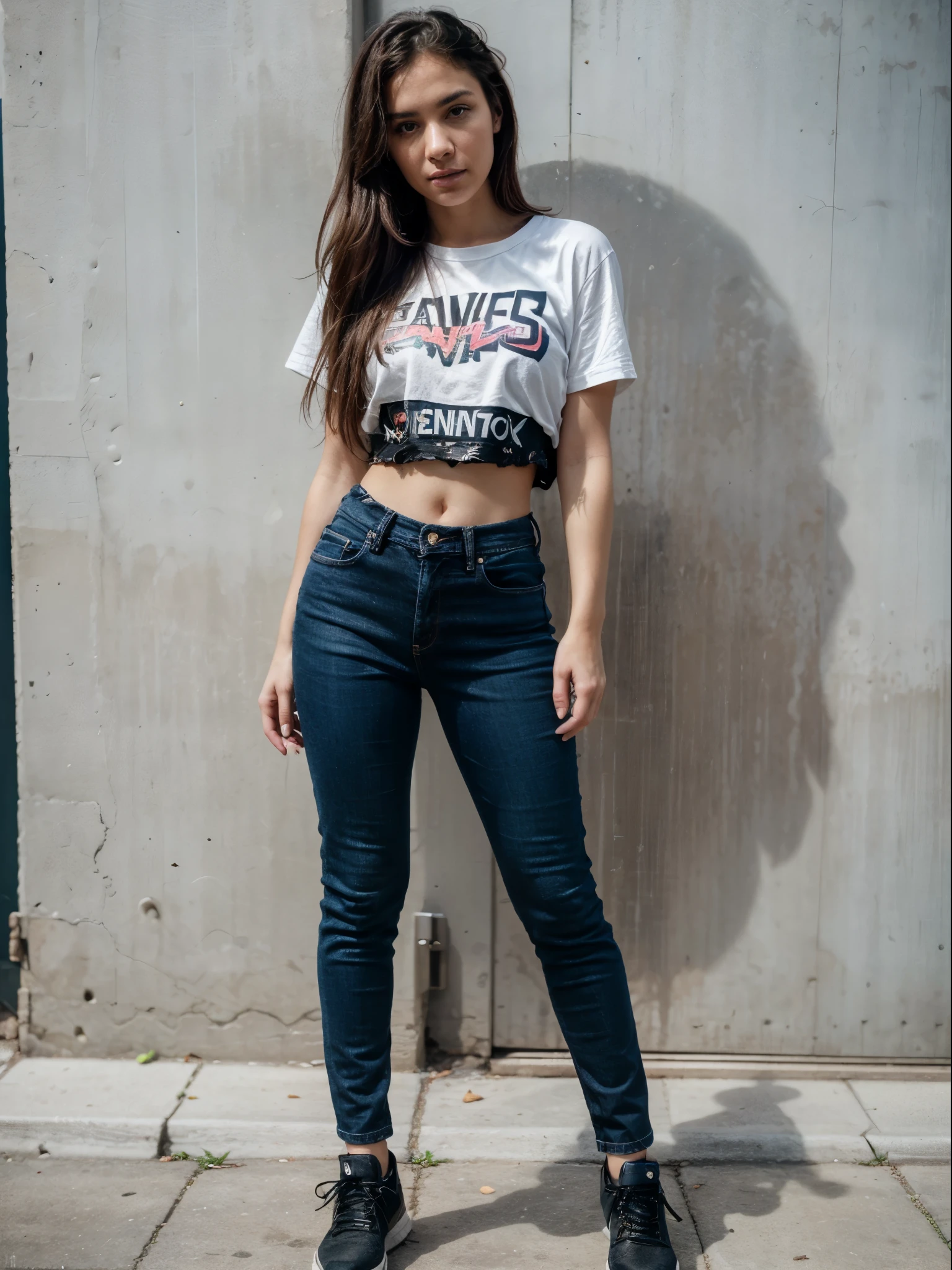 one beautiful woman, rebel, oval face, senseful lips, big brown eyes, 30 years old, slim sporty body, middle size breast, on a street surrounded by neon lights, cyberpunk lighting conditions, 3/4 body, half-side view, wearing black torn jeans, white tshirt and leather jacken, tail hair, bad girl, hands in the pockets, dangerous woman, rebelious look, clothes are whole and consitant, no text, night time, backgorund blurred, cinematic lighting, motion blur, film grain, very detailed, 30 years, dark brown eyes, high-res, masterpiece, best quality, intricate details, highly detailed, sharp focus, detailed skin, realistic skin texture, texture, detailed eyes, professional, 4k, 85mm, shallow depth of field, perfect fit body, extremely detailed, photo_\(ultra\), photorealistic, realistic, post-processing, maximum detail, roughness, real life, ultra realistic, photorealism, photography, 8k uhd, photography (grain of film) medium shot for closeup shot, longer slimer face, perfect face, no text on clothes