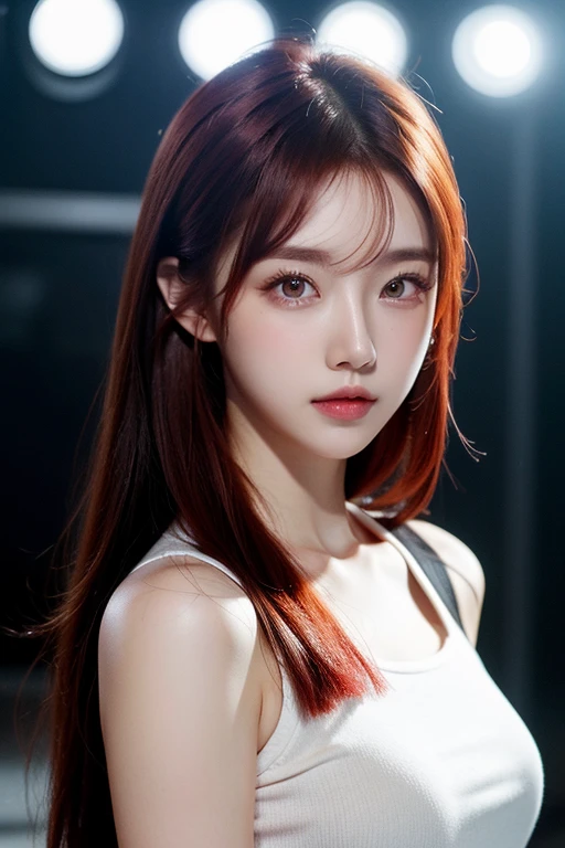 1 woman, star eyes, blush, perfect lighting, red hair, red eyes, korean, Unreal Engine, side lights, detailed face, forehead, light skin, background, bright background, white top
