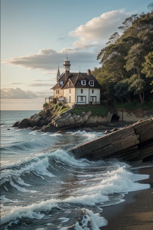 Landscape oil with sea and house 