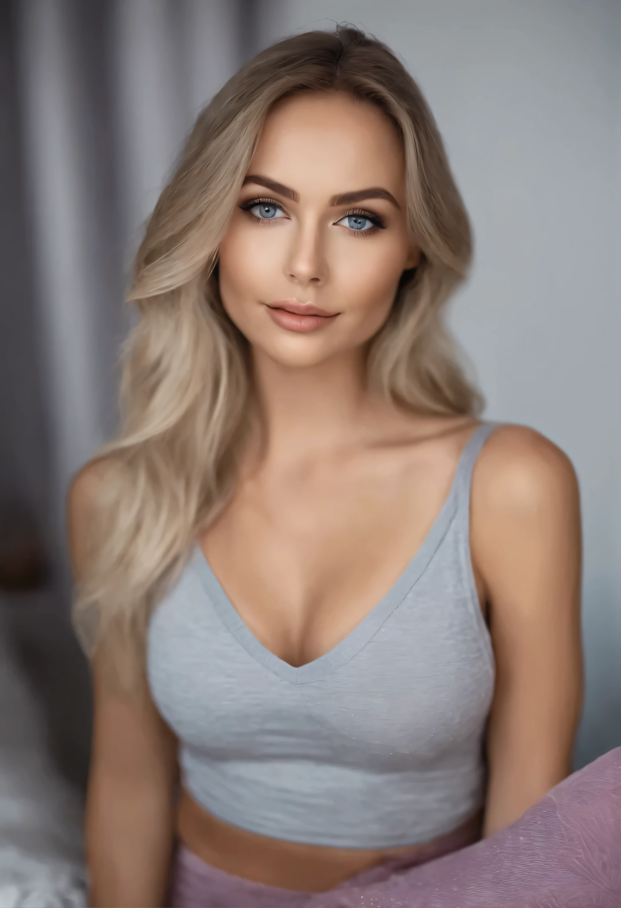 woman with matching tank top and panties,  with blue eyes, portrait sophie mudd, portrait corinna kopf, blonde hair and large eyes, Selfie einer jungen Frau, Augen im Schlafzimmer, Violet Myers, ohne Make-up, Natural makeup, Blick direkt in die Kamera, Gesicht mit Artgram, dezentes Make-up, Stunning full body shot, im Schlafzimmer, Spaltung