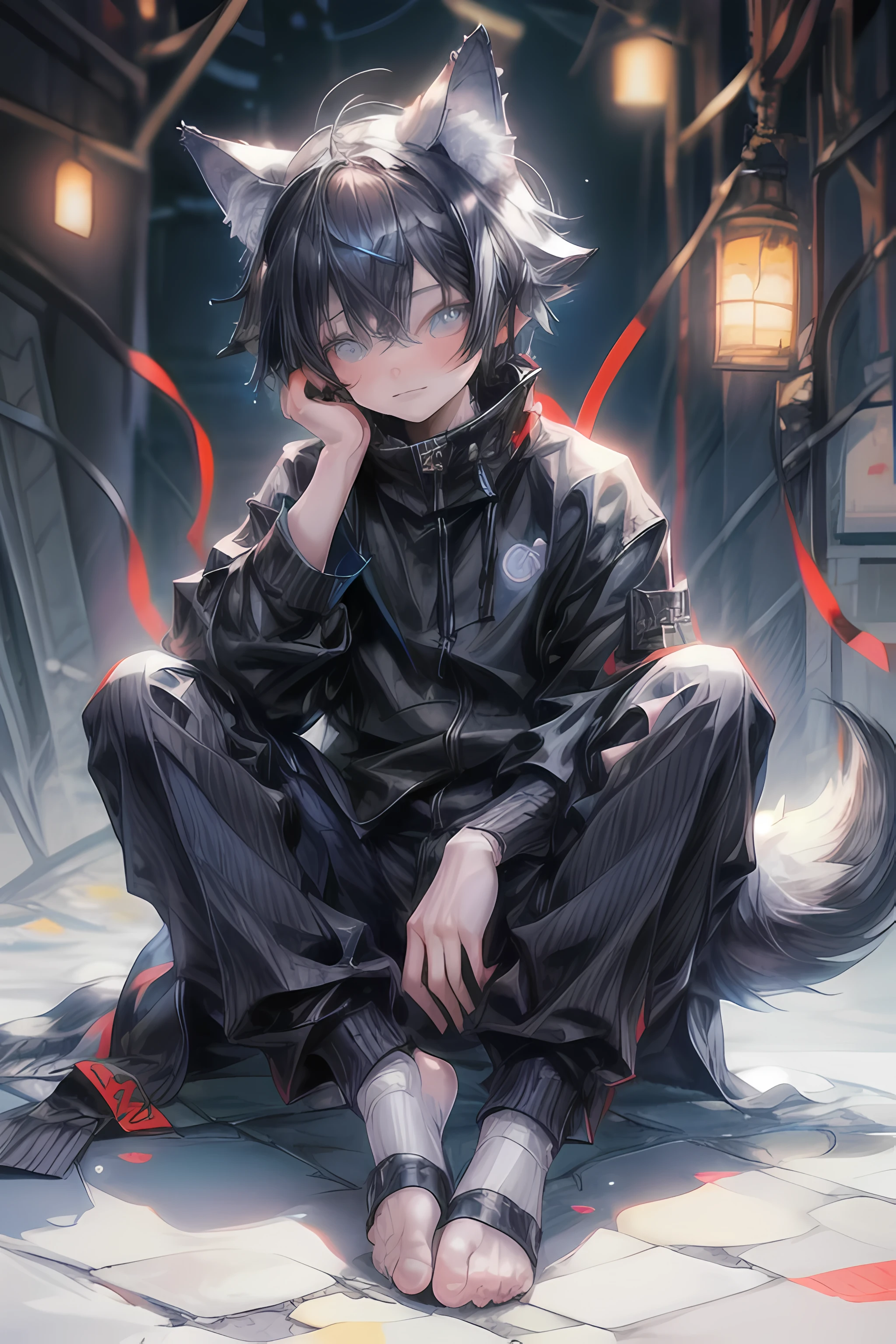 (1boy), (Shota), (HD quality, masterpiece level), cute character, dark gray hair, blue eyes, (wolf ears), (wolf tail), one tail, (no ears), little boy, (ears covered), (hair covered ears), a pinch of blue bangs, full body picture, chubby face, happy, cute feet, cute face, solo, cinematic lighting,