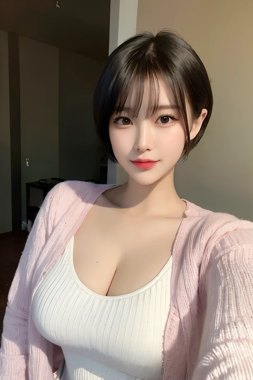 ((Top Quality, 8K, Masterpiece:1.3)), Detailed Woman:1.3, (Medium Shorthair, Big Breasts:1.2), Cardigan:1.1, Ultra Detailed, Detailed, Eyelids
